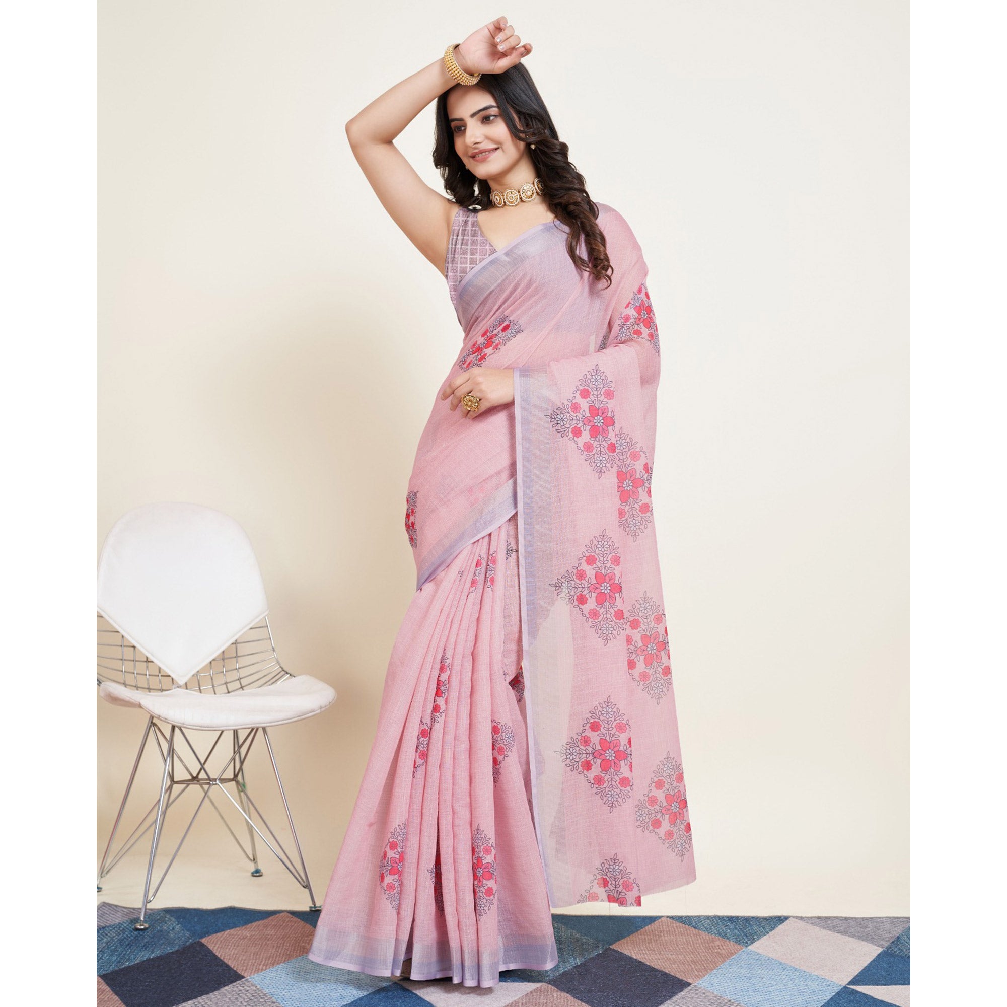 Light Peach Floral Printed Linen Saree