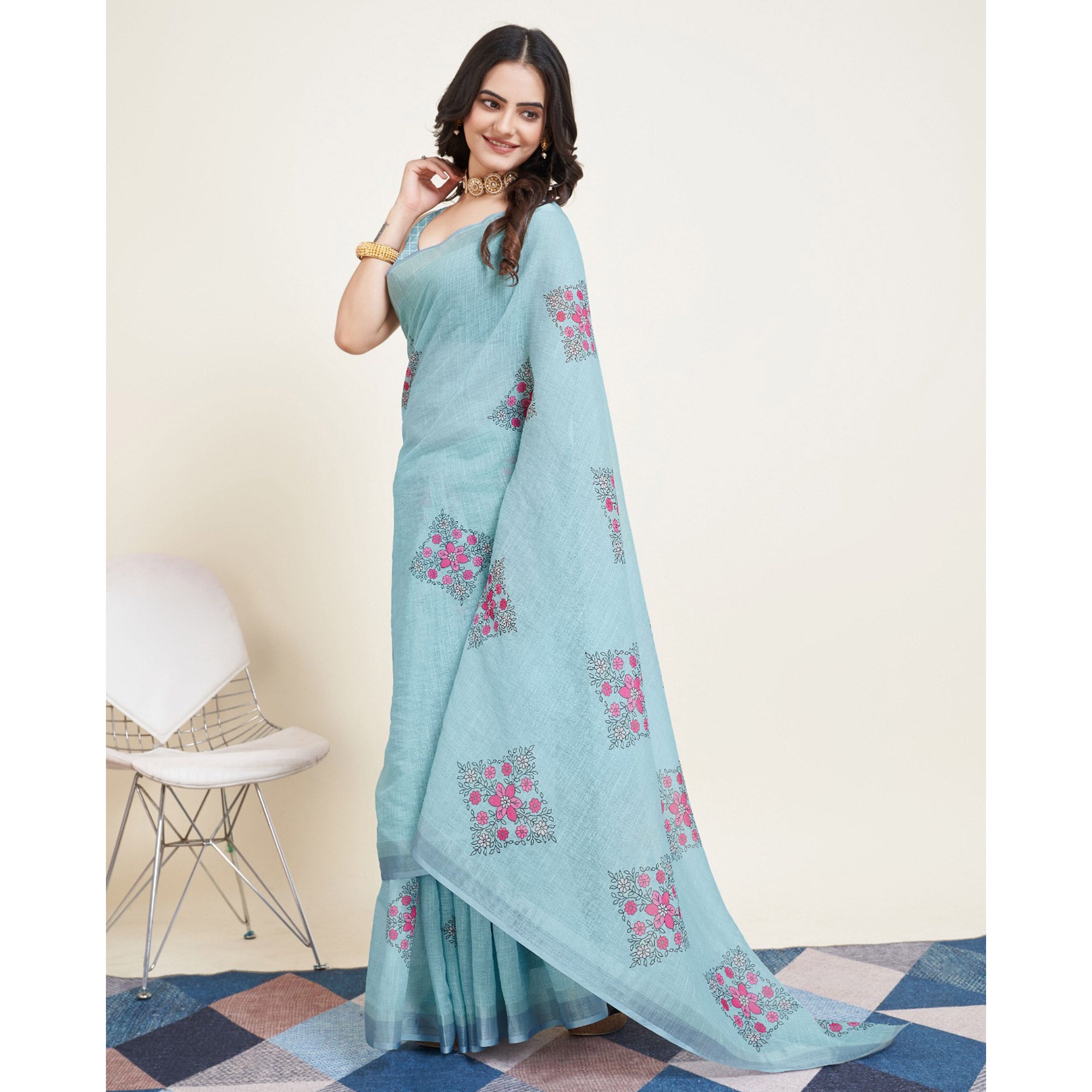 Sky Blue Floral Printed Linen Saree