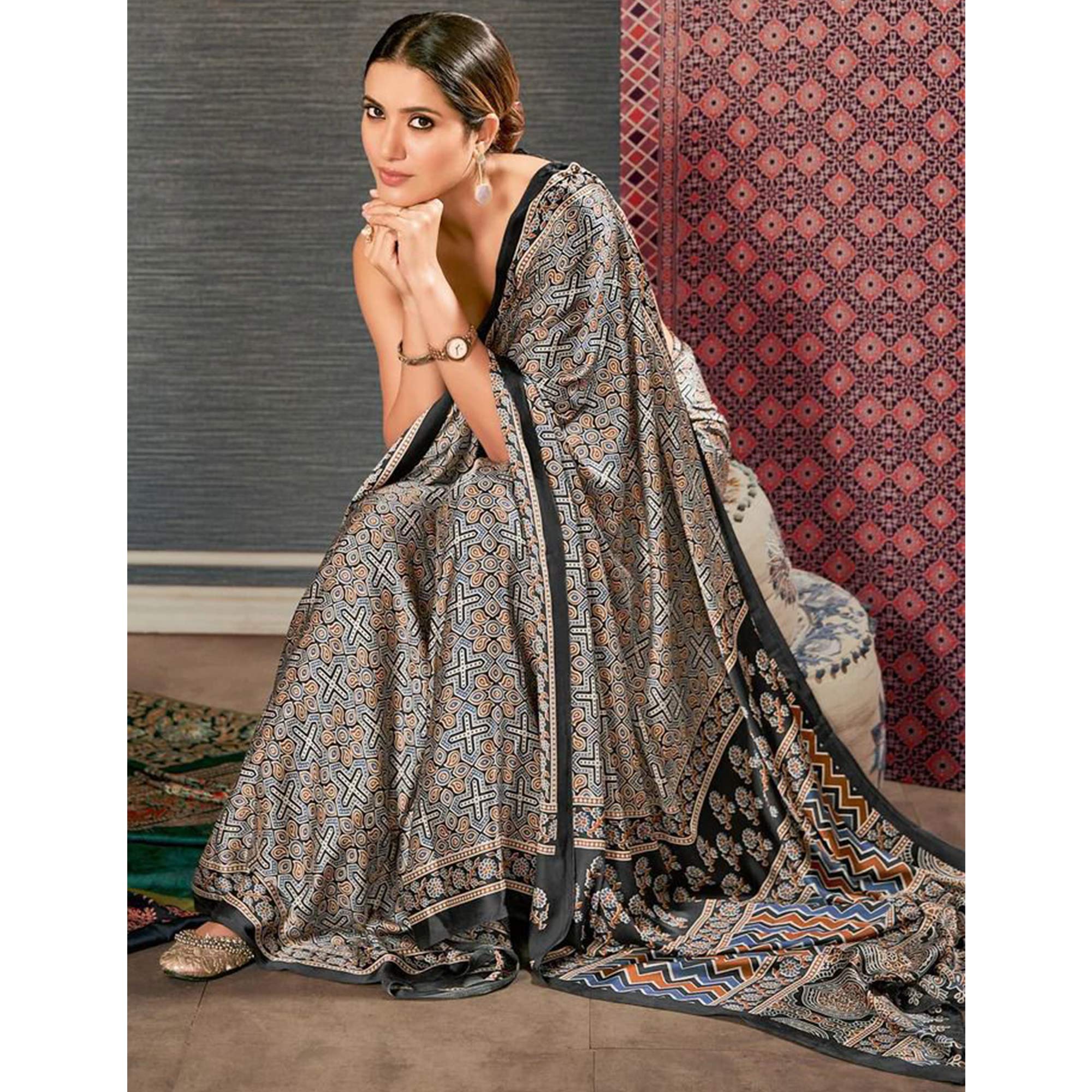 Black Ajrakh Printed Satin Saree