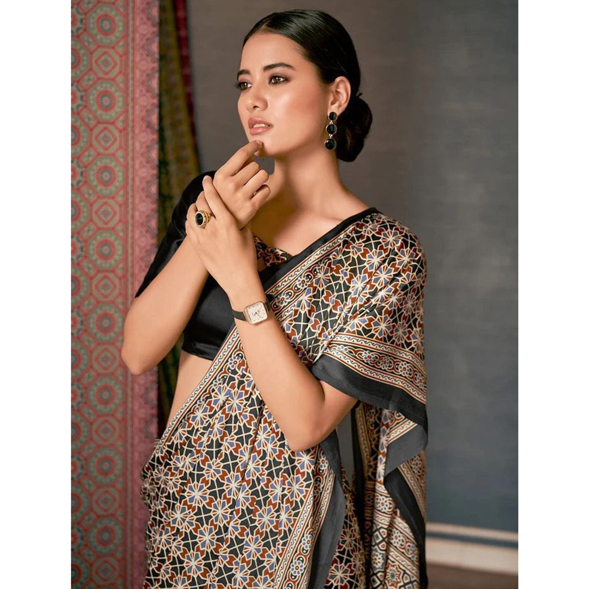 Black Ajrakh Printed Satin Saree