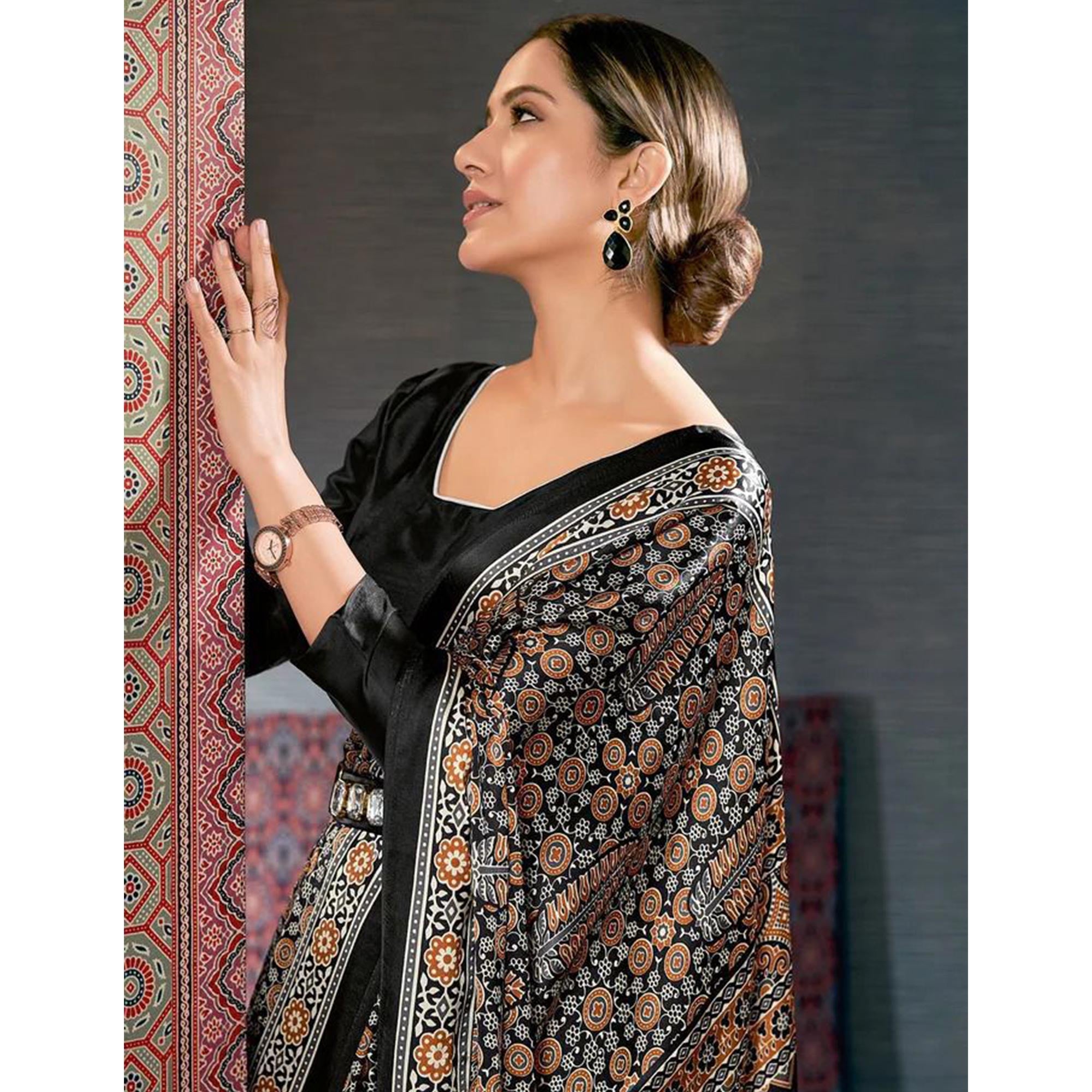 Black Ajrakh Printed Satin Saree