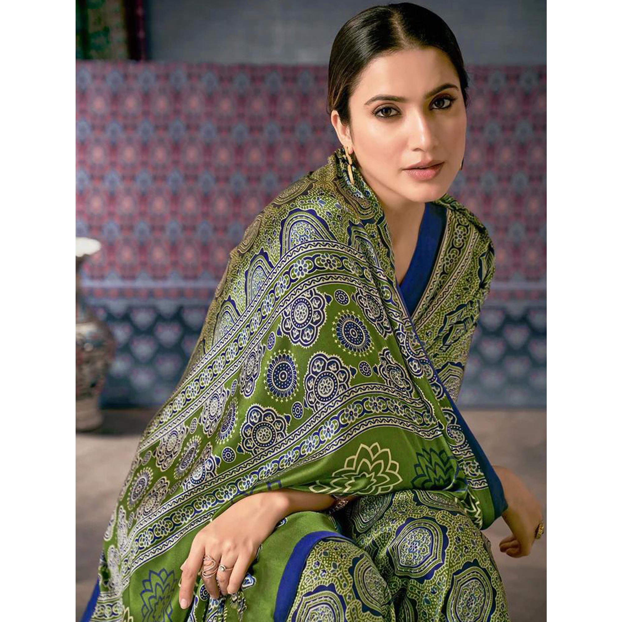 Green Ajrakh Printed Satin Saree