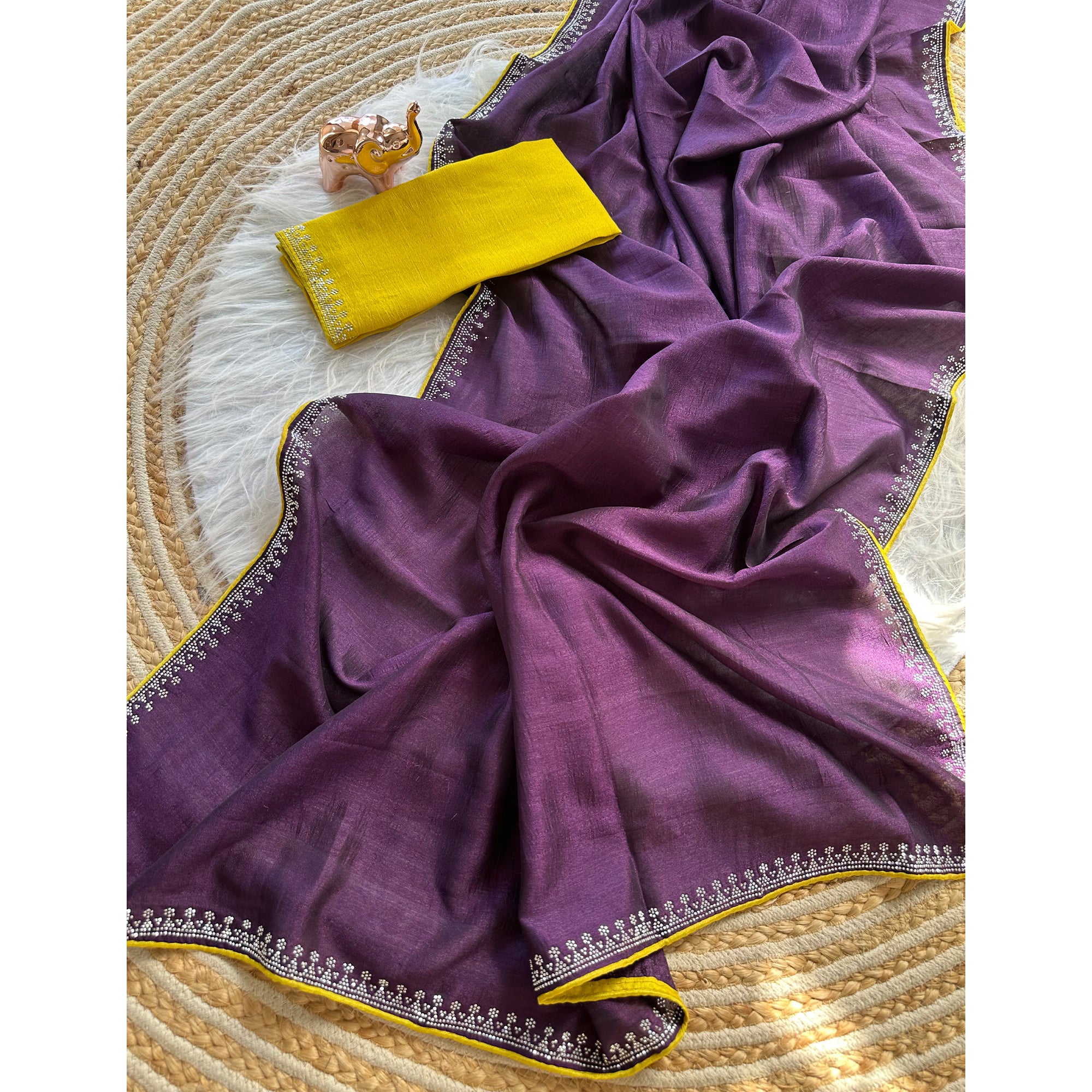 Purple Partywear Vichitra Silk Saree Featuring Exquisite Swarovski Stone Work