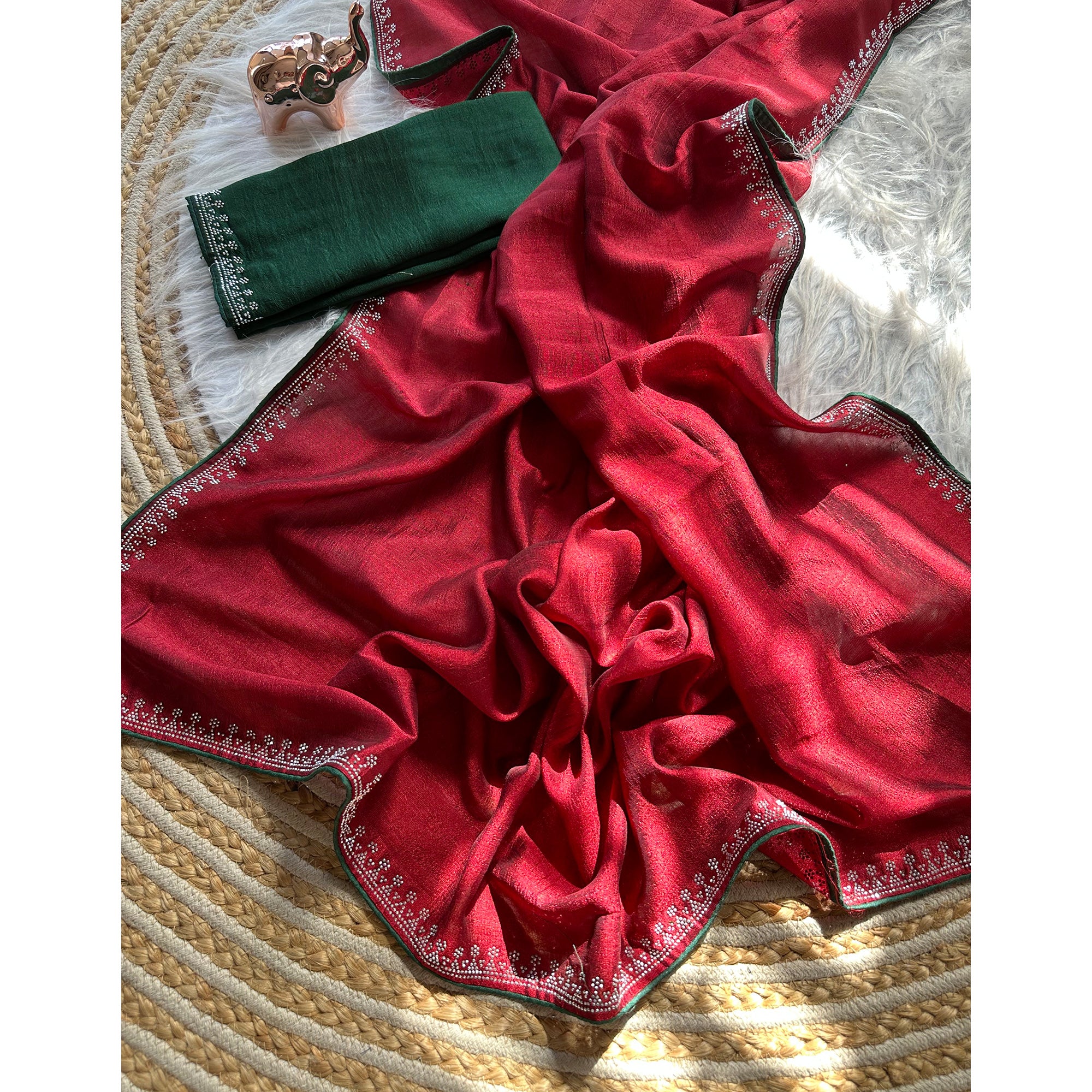 Red Partywear Vichitra Silk Saree Featuring Exquisite Swarovski Stone Work