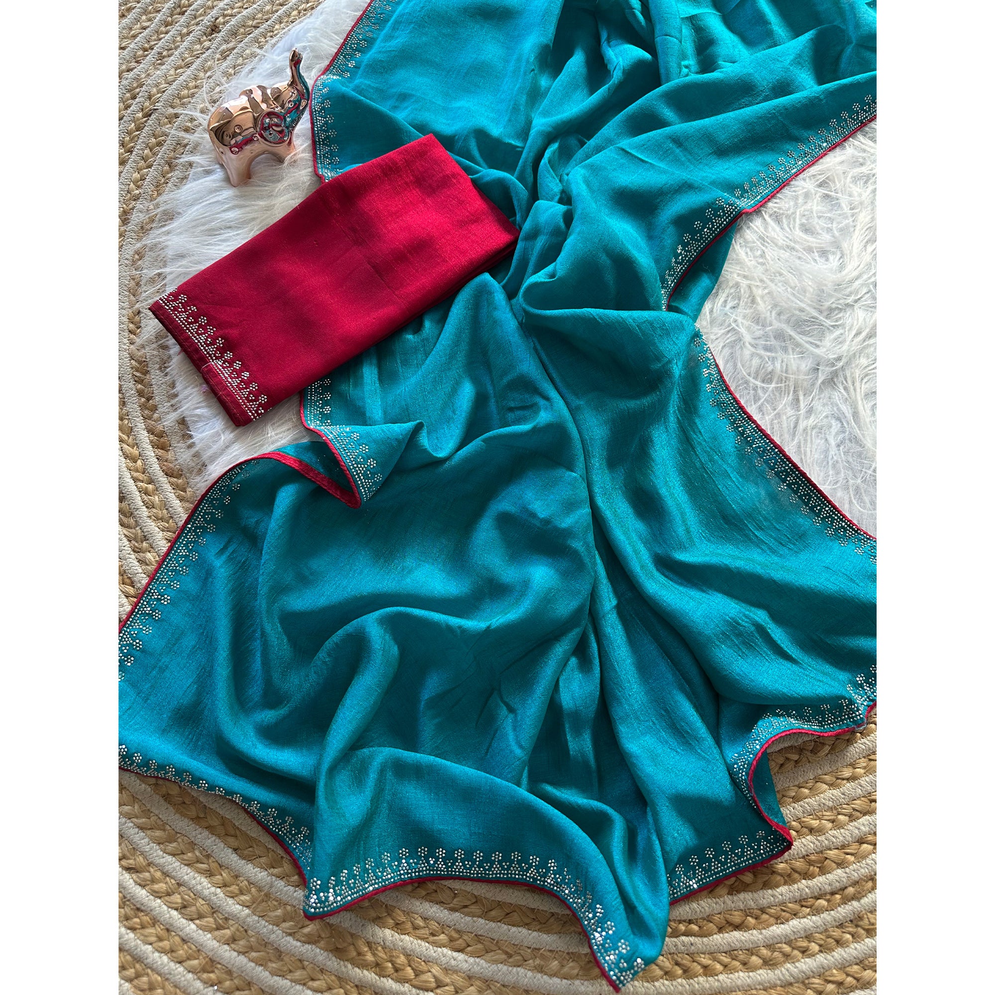 Turquoise Partywear Vichitra Silk Saree Featuring Exquisite Swarovski Stone Work