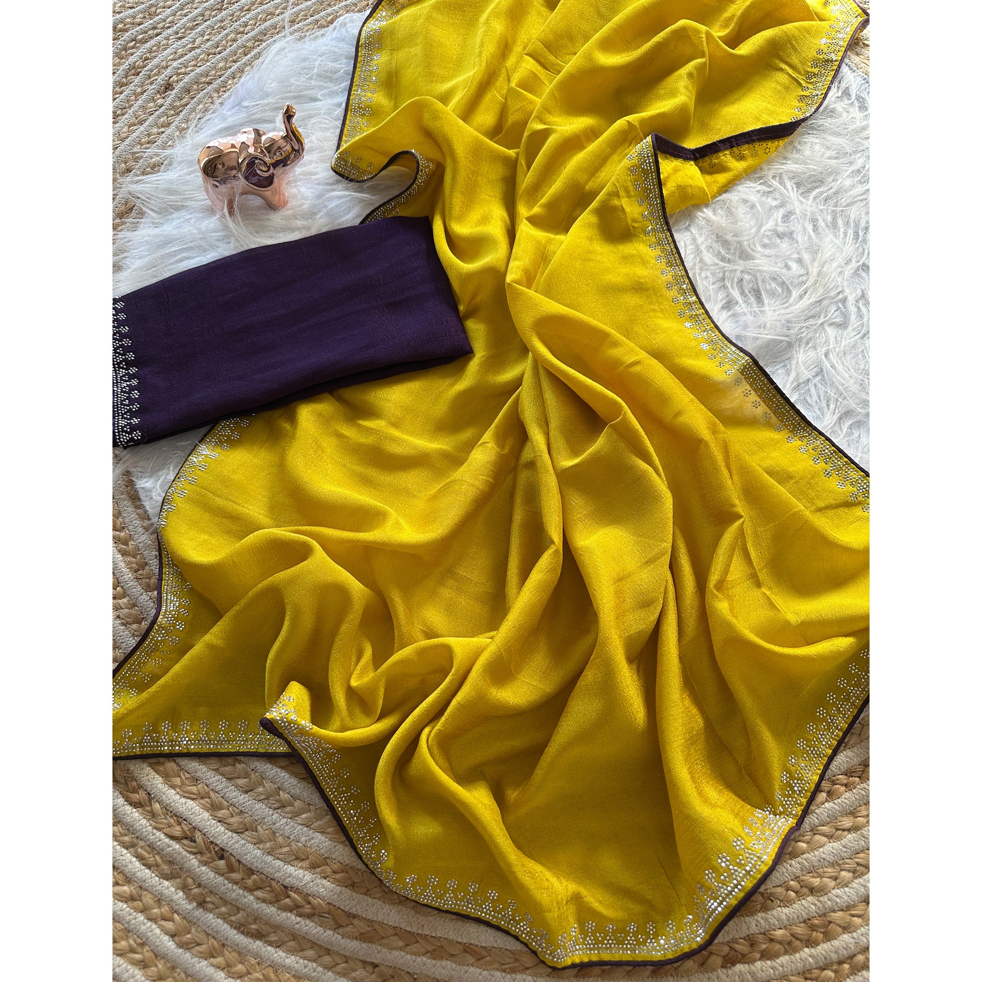 Yellow Partywear Vichitra Silk Saree Featuring Exquisite Swarovski Stone Work