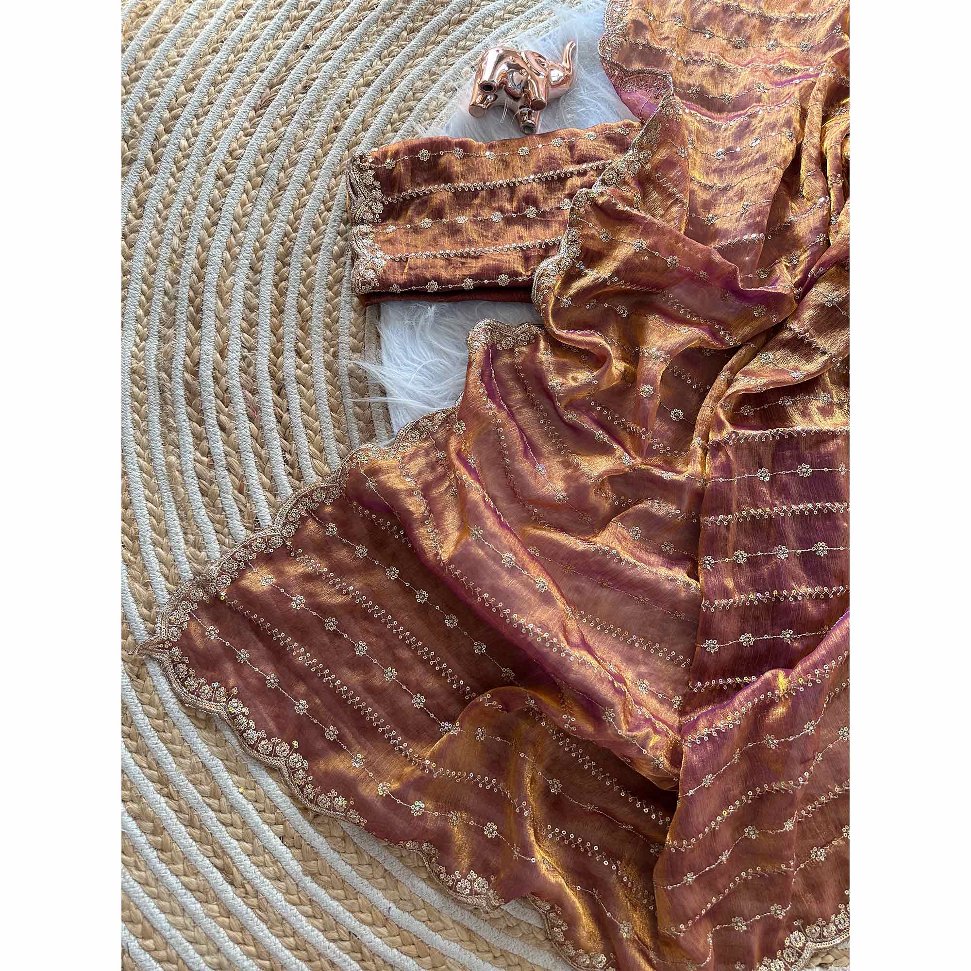 Elegant Dusty Peach Silk Saree Adorned With Floral Sequins Embroidery & Cutwork Zari Border