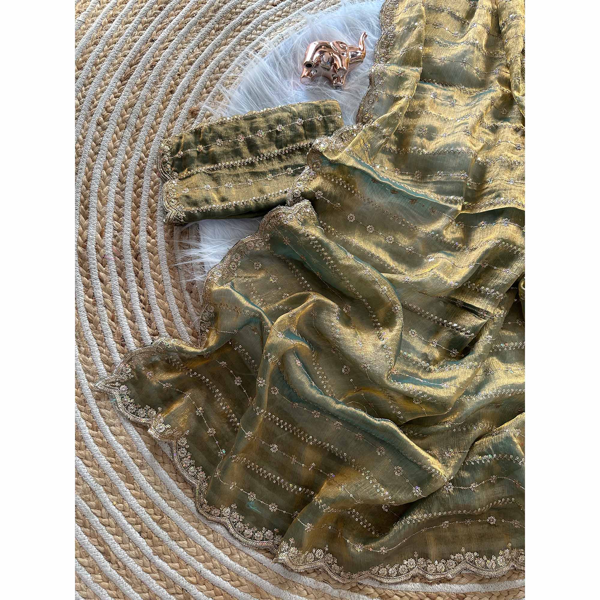 Elegant Green Silk Saree Adorned With Floral Sequins Embroidery & Cutwork Zari Border