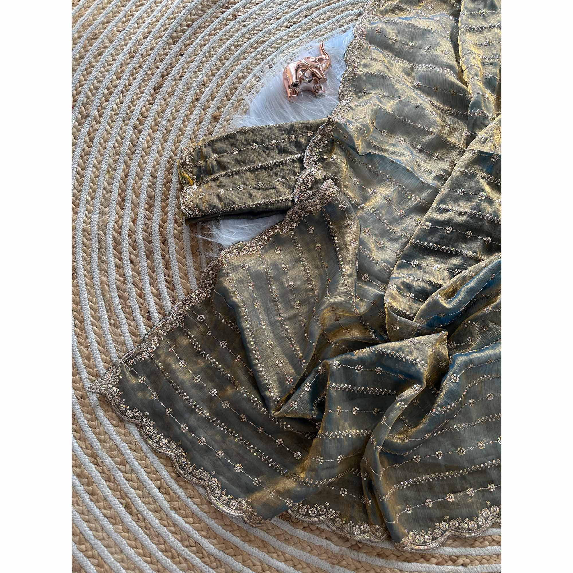 Elegant Grey Silk Saree Adorned With Floral Sequins Embroidery & Cutwork Zari Border