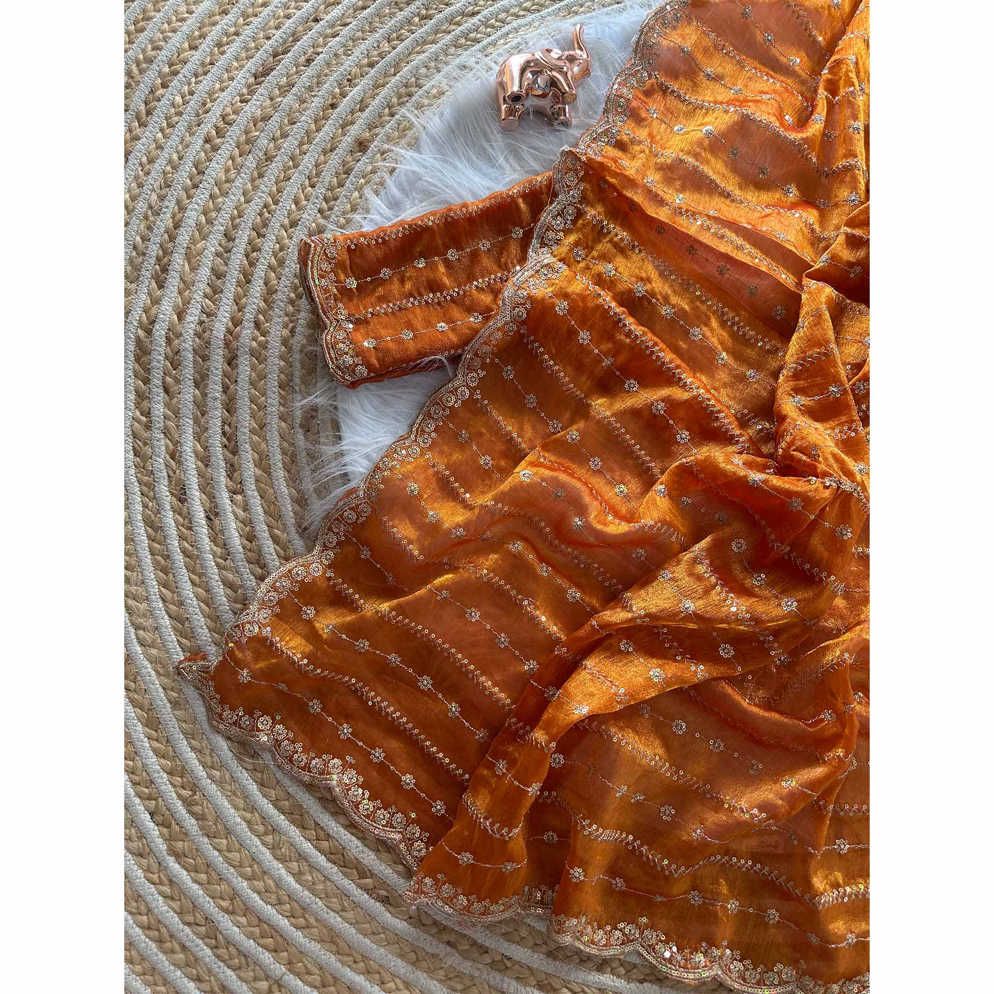 Elegant Orange Silk Saree Adorned With Floral Sequins Embroidery & Cutwork Zari Border