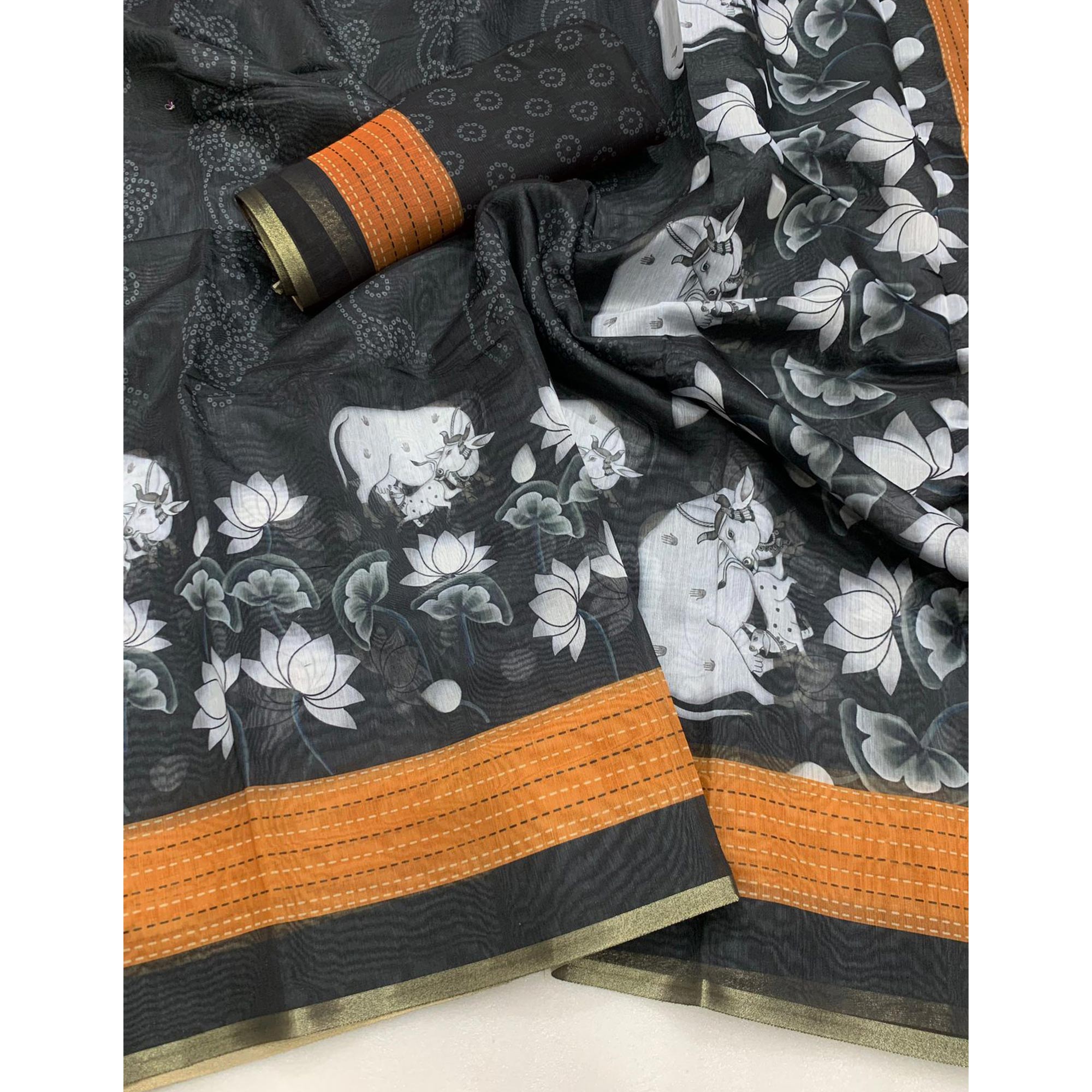 Black & Brown Printed Chanderi Saree