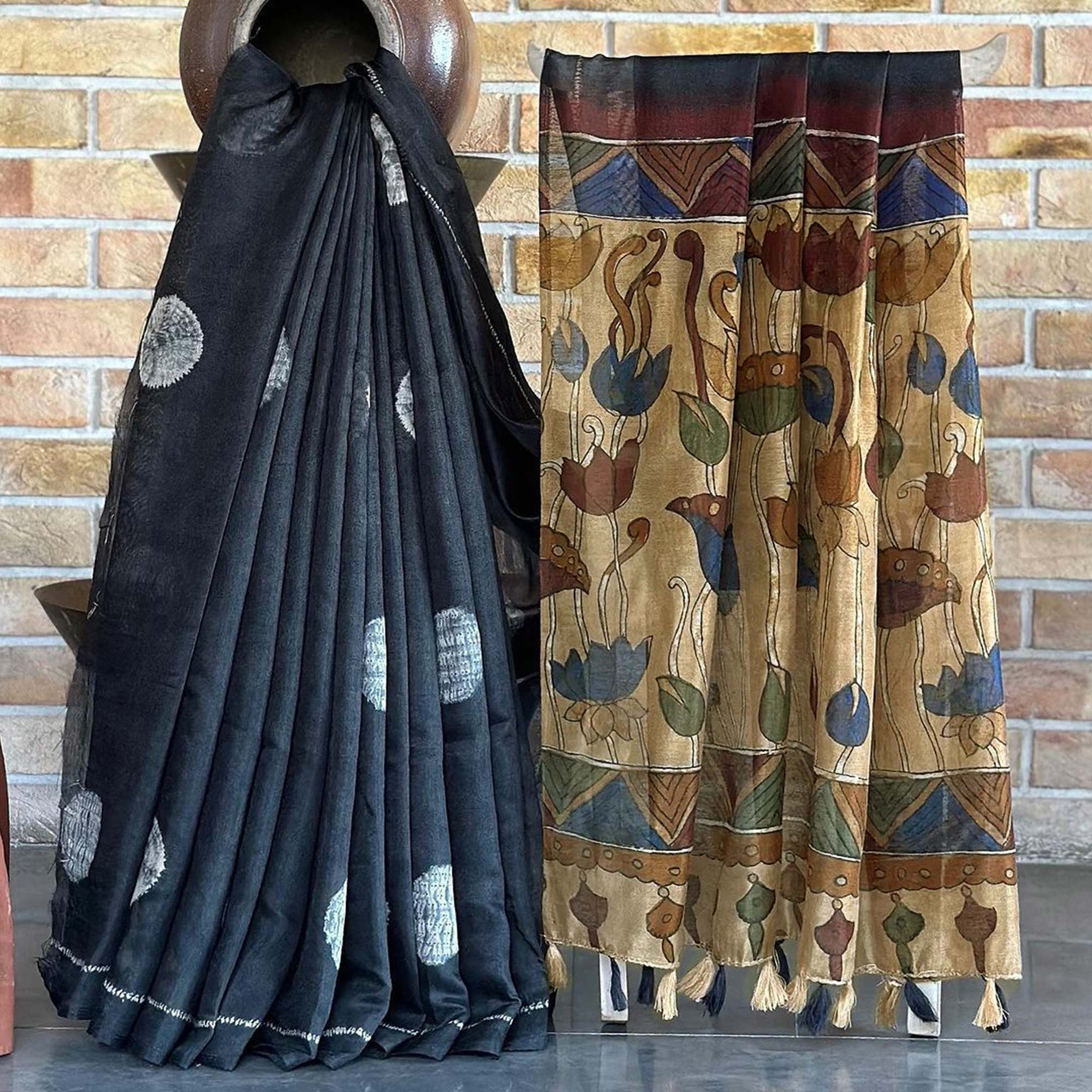 Black Batik Printed Linen Saree