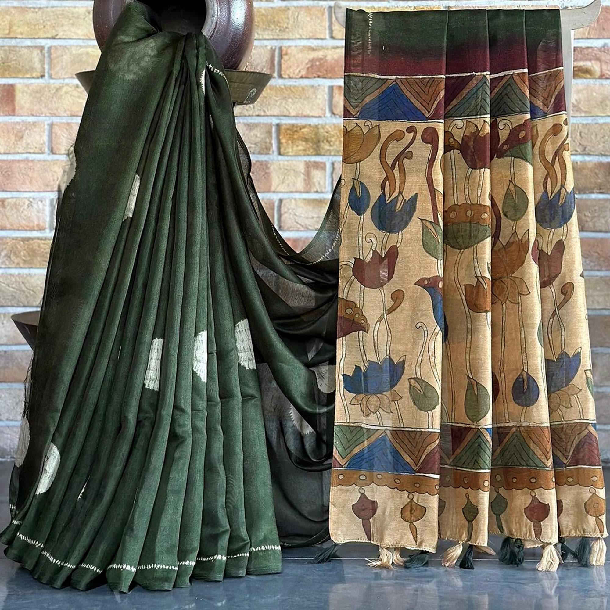Green Batik Printed Linen Saree