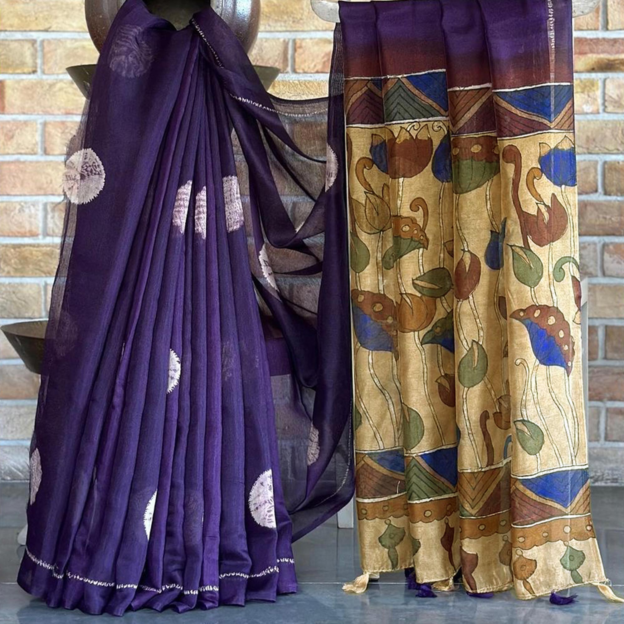 Purple Batik Printed Linen Saree