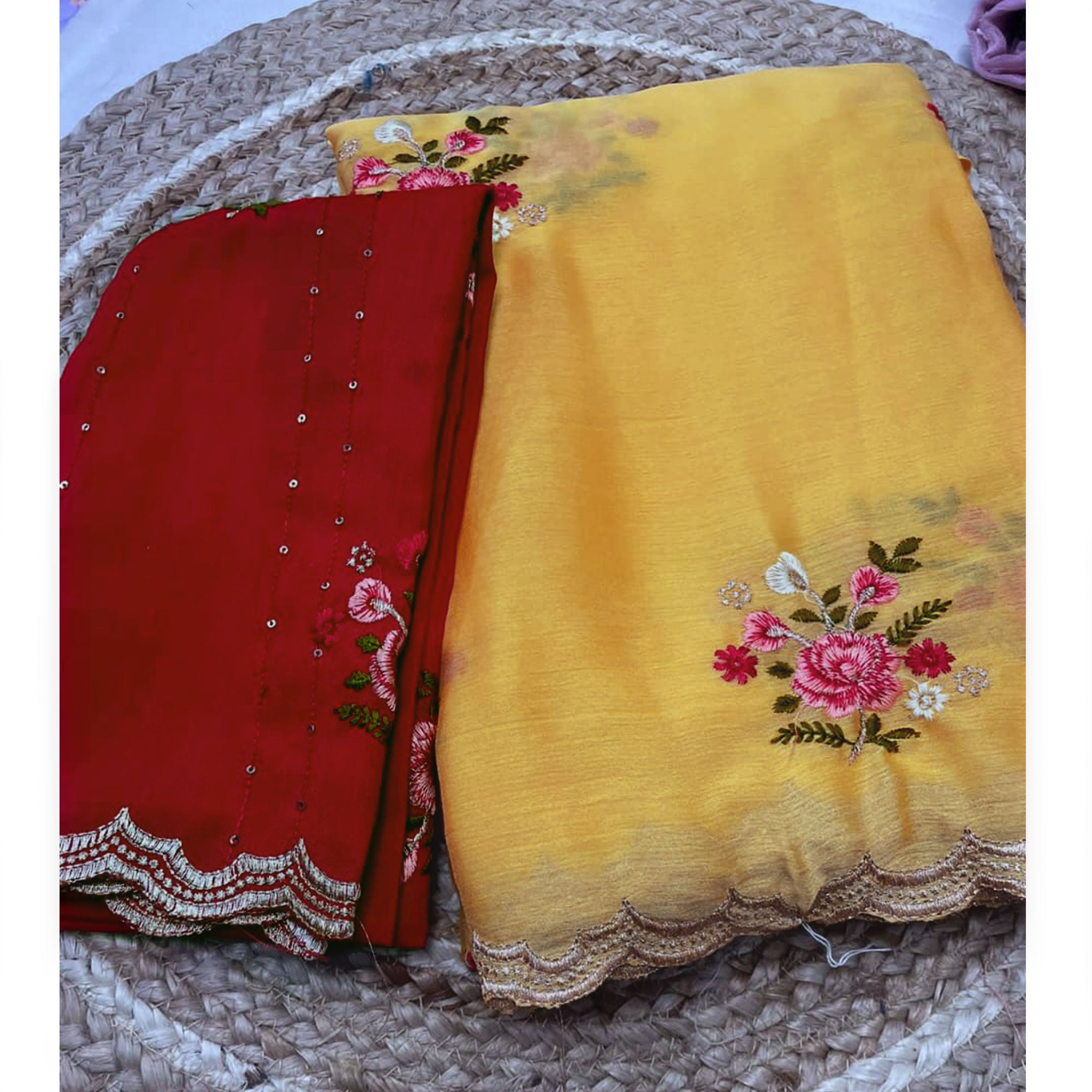 Yellow Floral Embroidered Chiffon Saree