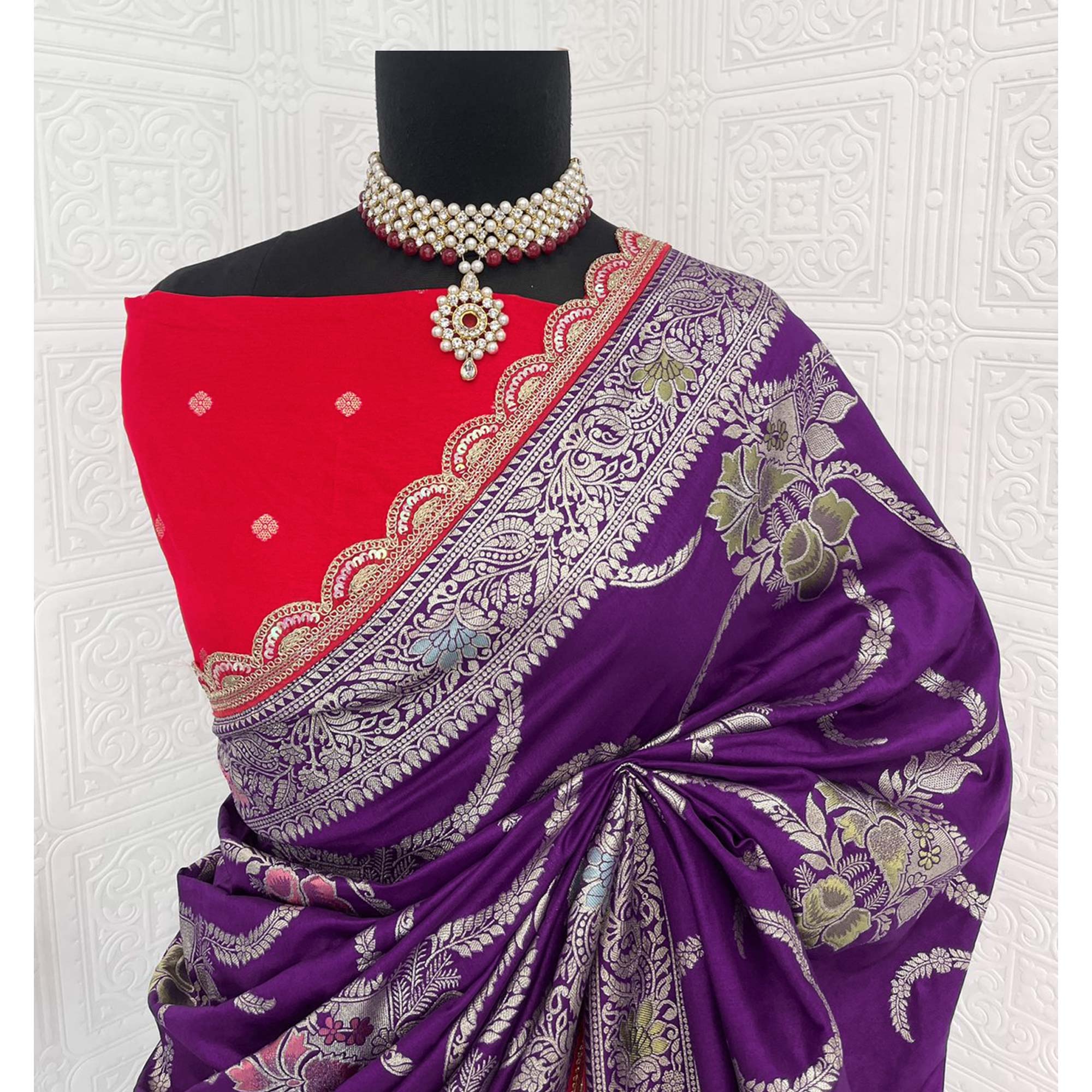 Purple Floral Woven Dola Silk Saree With Lace Border