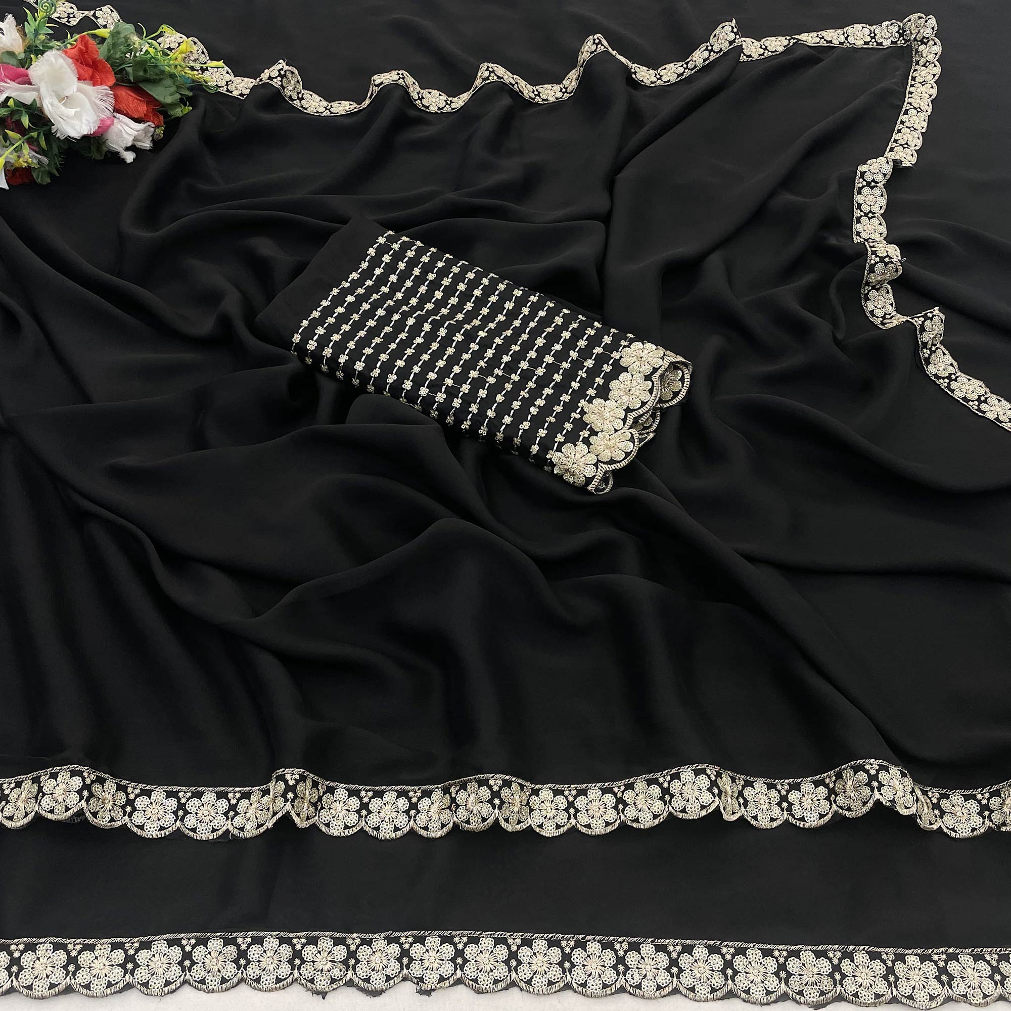 Black Solid Rangoli Art Silk Saree With Sequins Embroidered Border