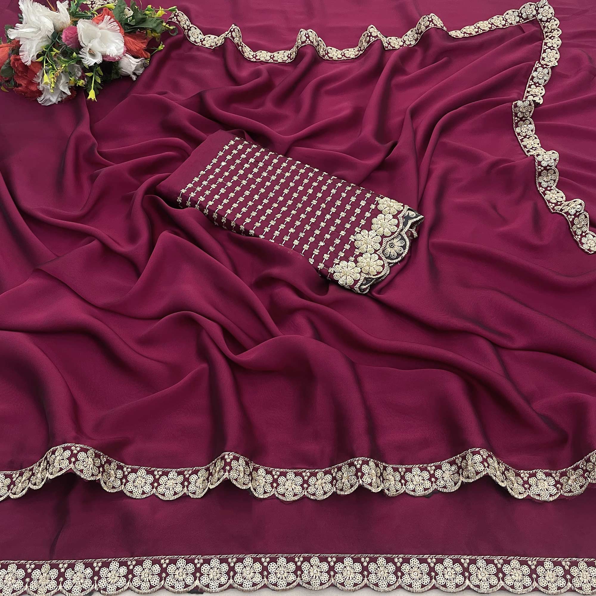 Dark Magenta Solid Rangoli Art Silk Saree With Sequins Embroidered Border