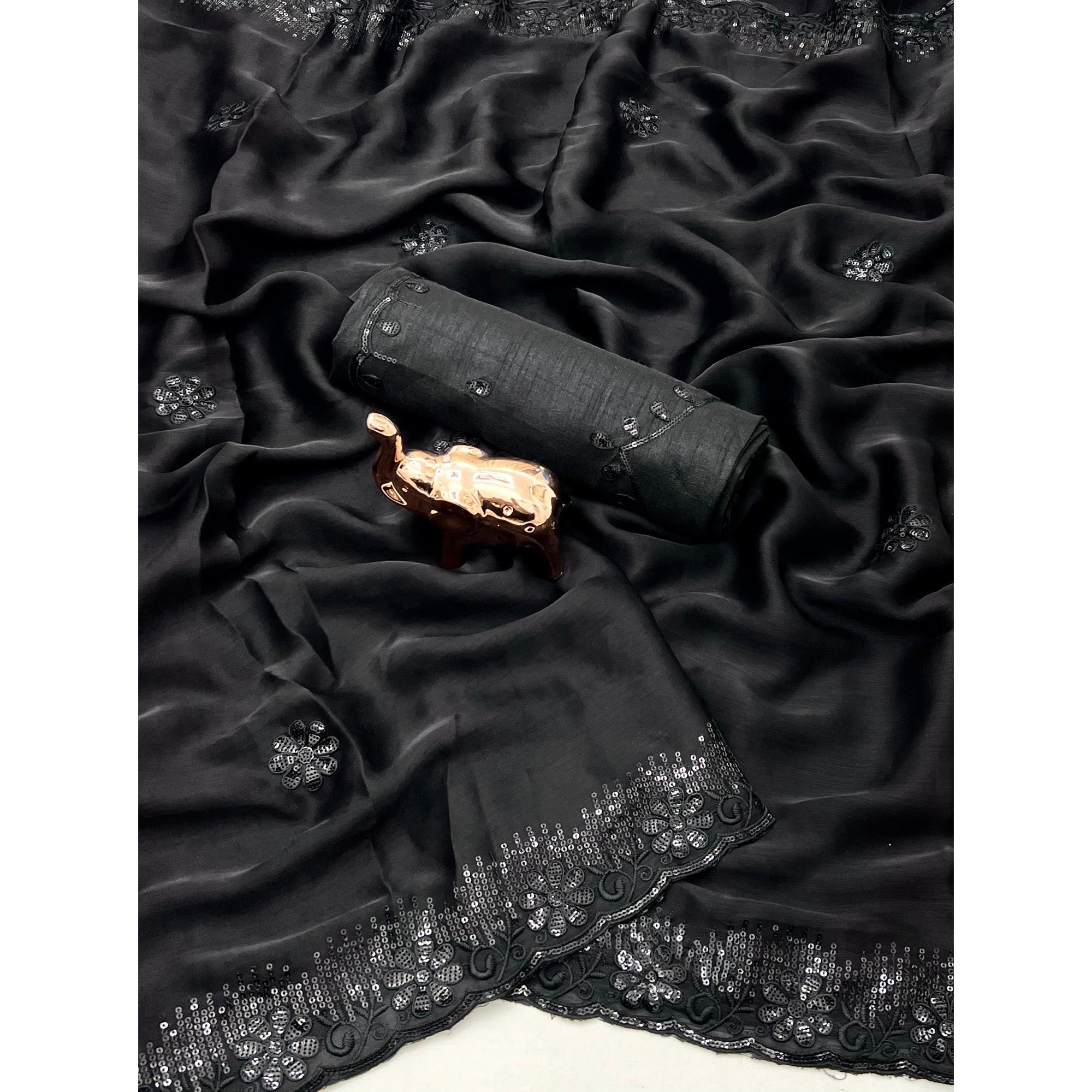 Lightweight Black Embroidered Saree with Shimmering Sequins on Chiffon