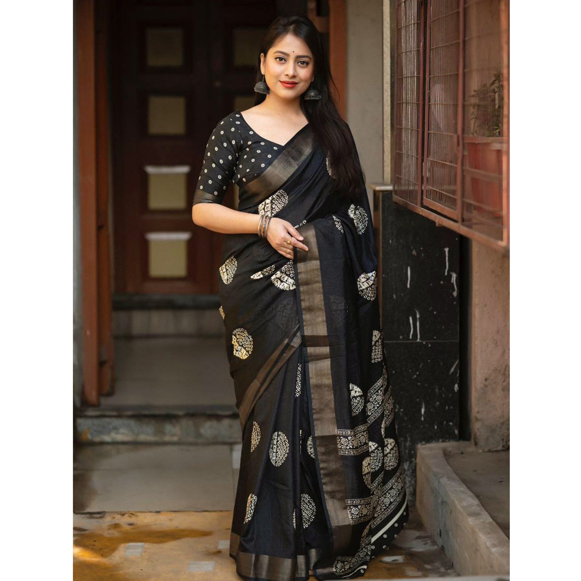 Black Batik Printed Cotton Silk Saree With Zari Border