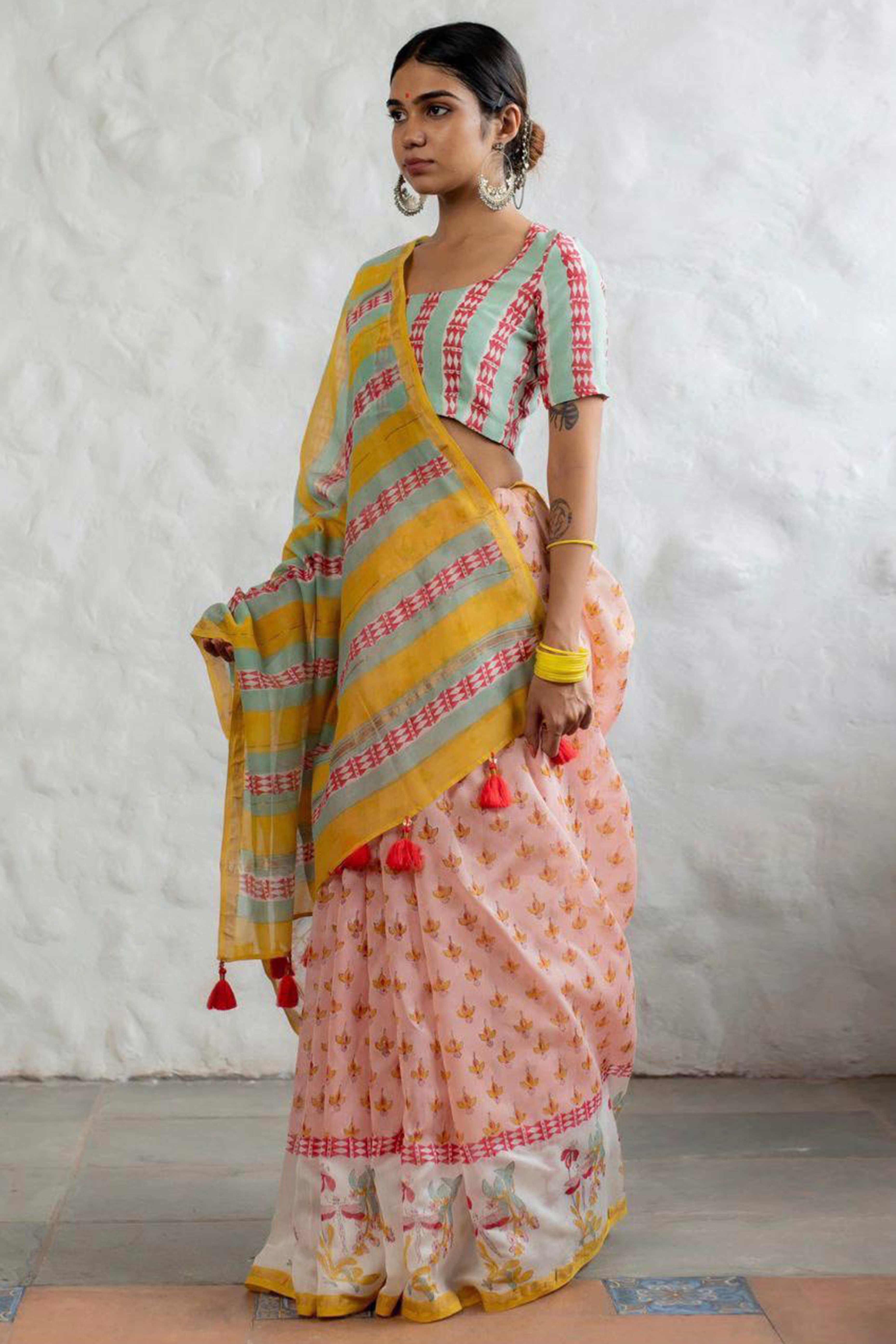 Peach Batik Printed Pure Linen Saree With Tassels