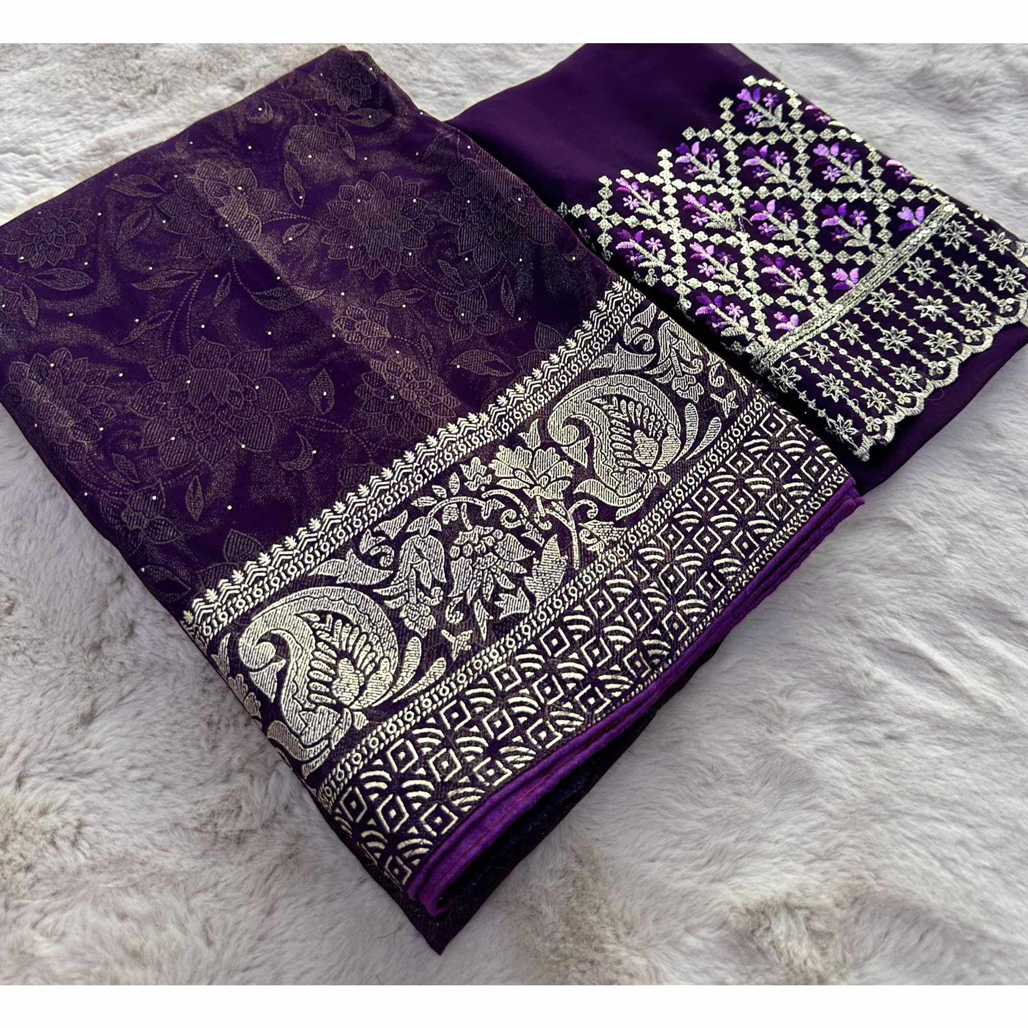 Purple Floral Foil Printed Georgette Saree With Tassels