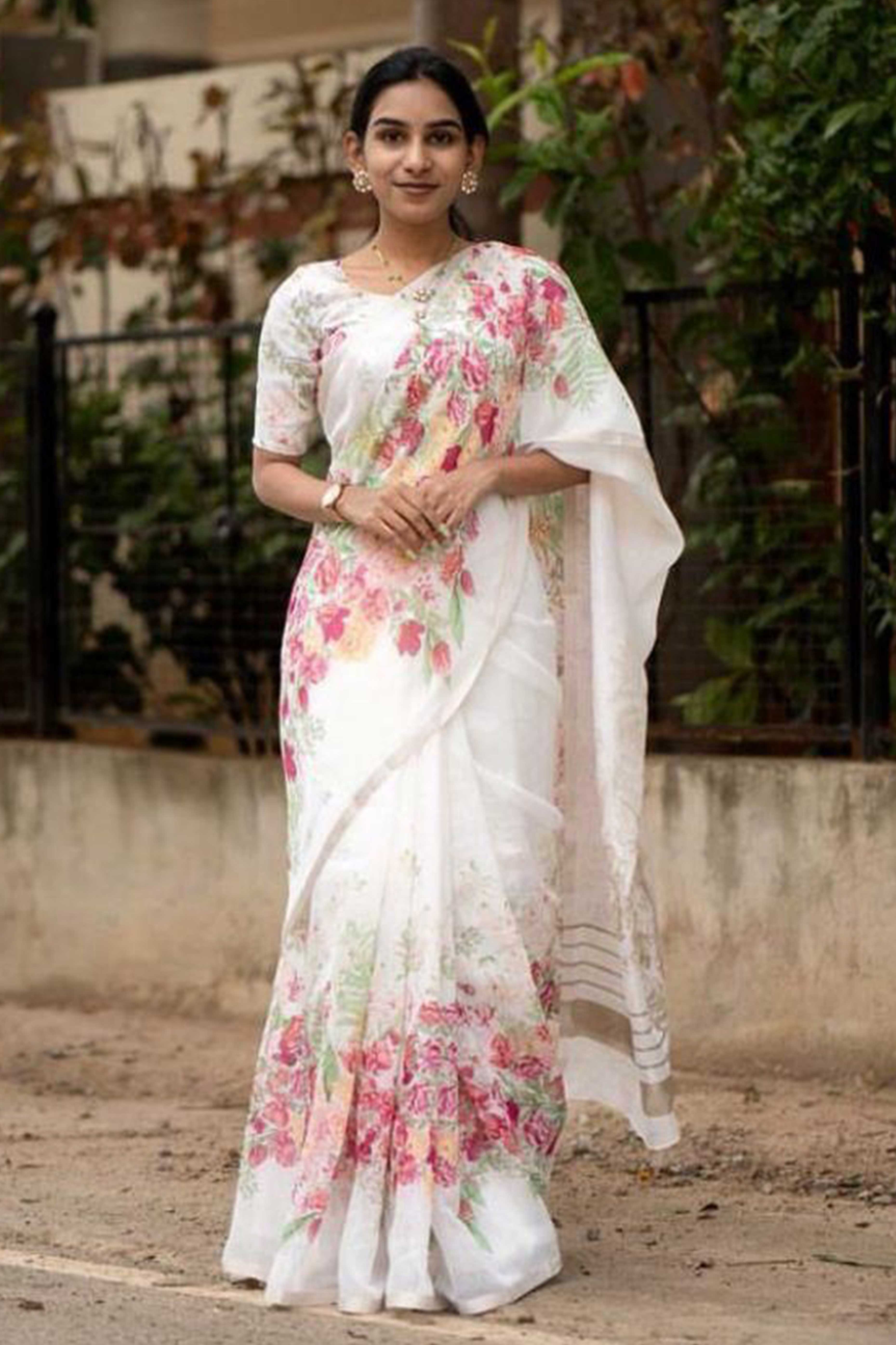 White Floral Digital Printed Linen Saree