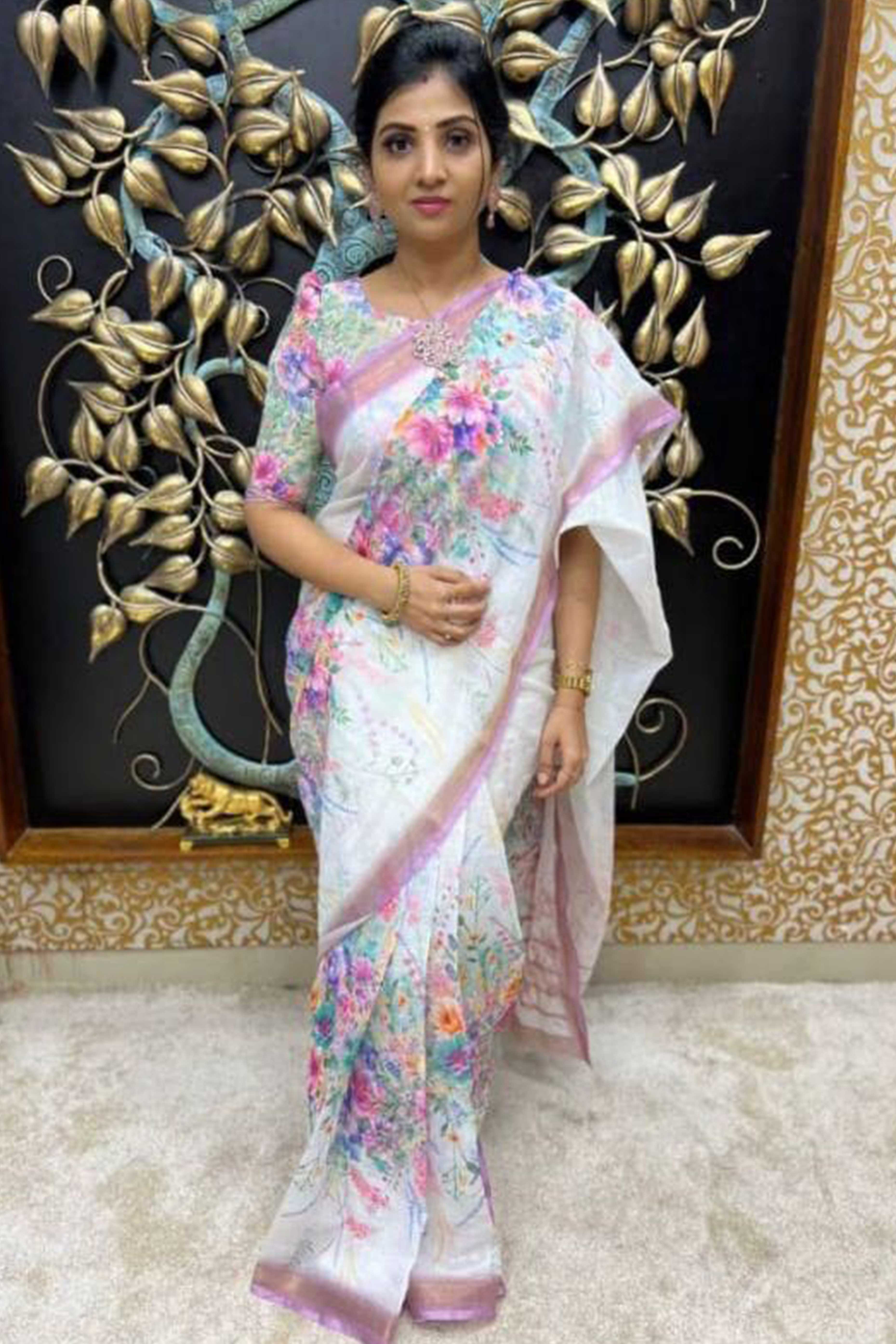White & Purple Floral Digital Printed Linen Saree