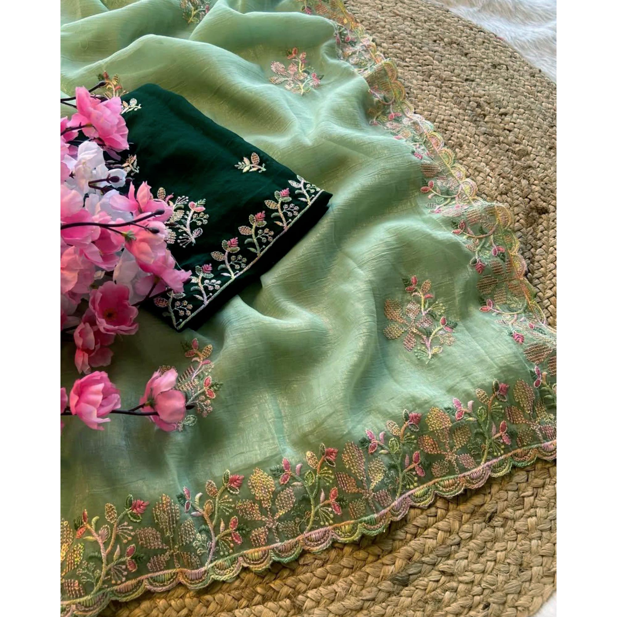 Green Floral Embroidered Crunchy Chiffon Saree