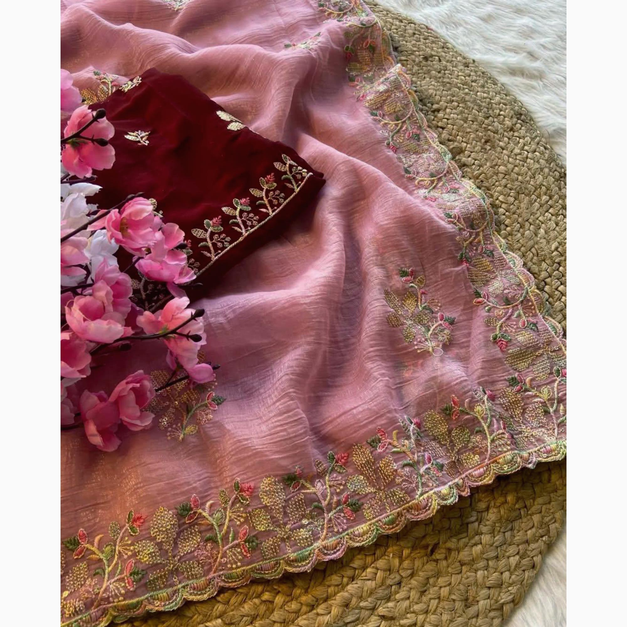 Pink Floral Embroidered Crunchy Chiffon Saree