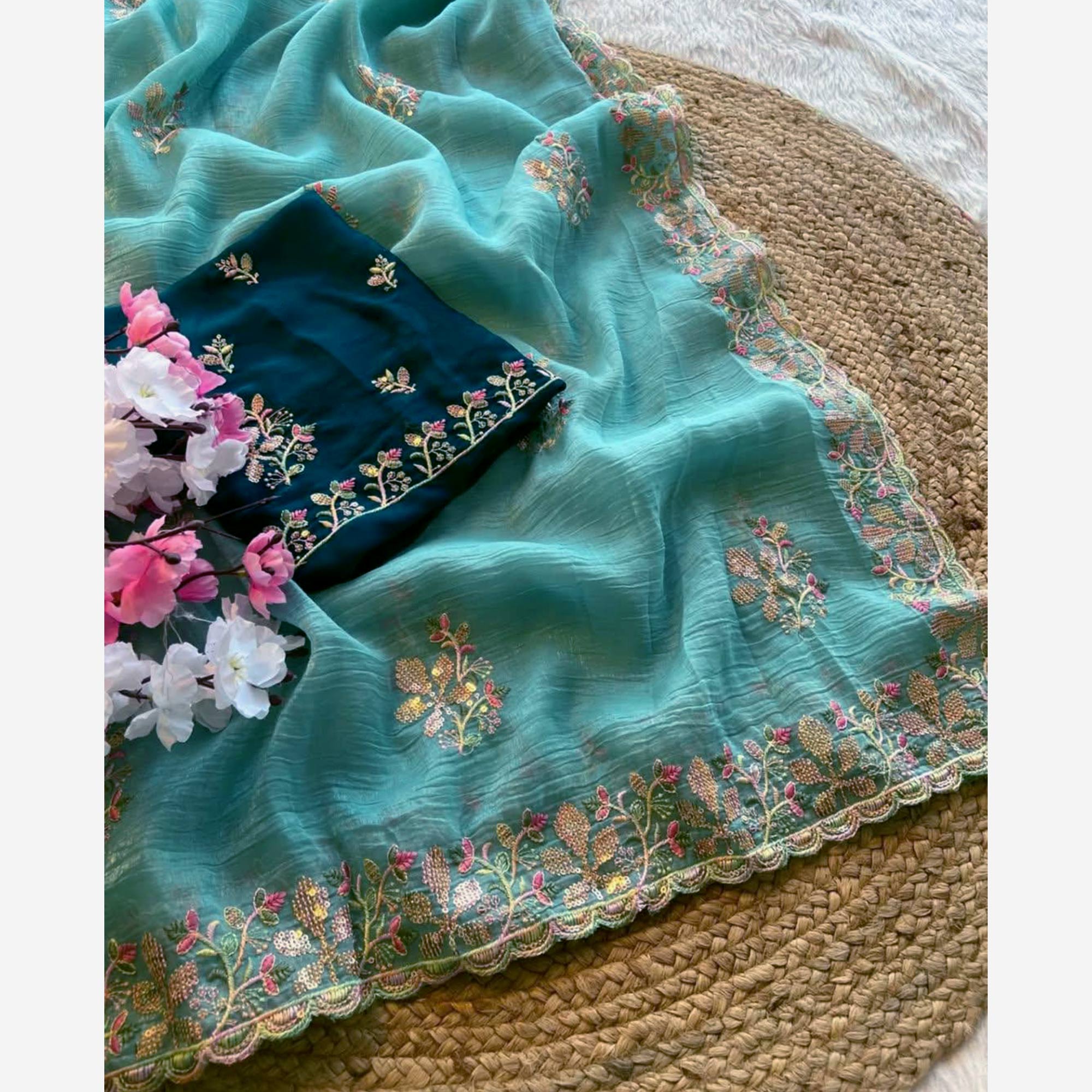 Turquoise Floral Embroidered Crunchy Chiffon Saree