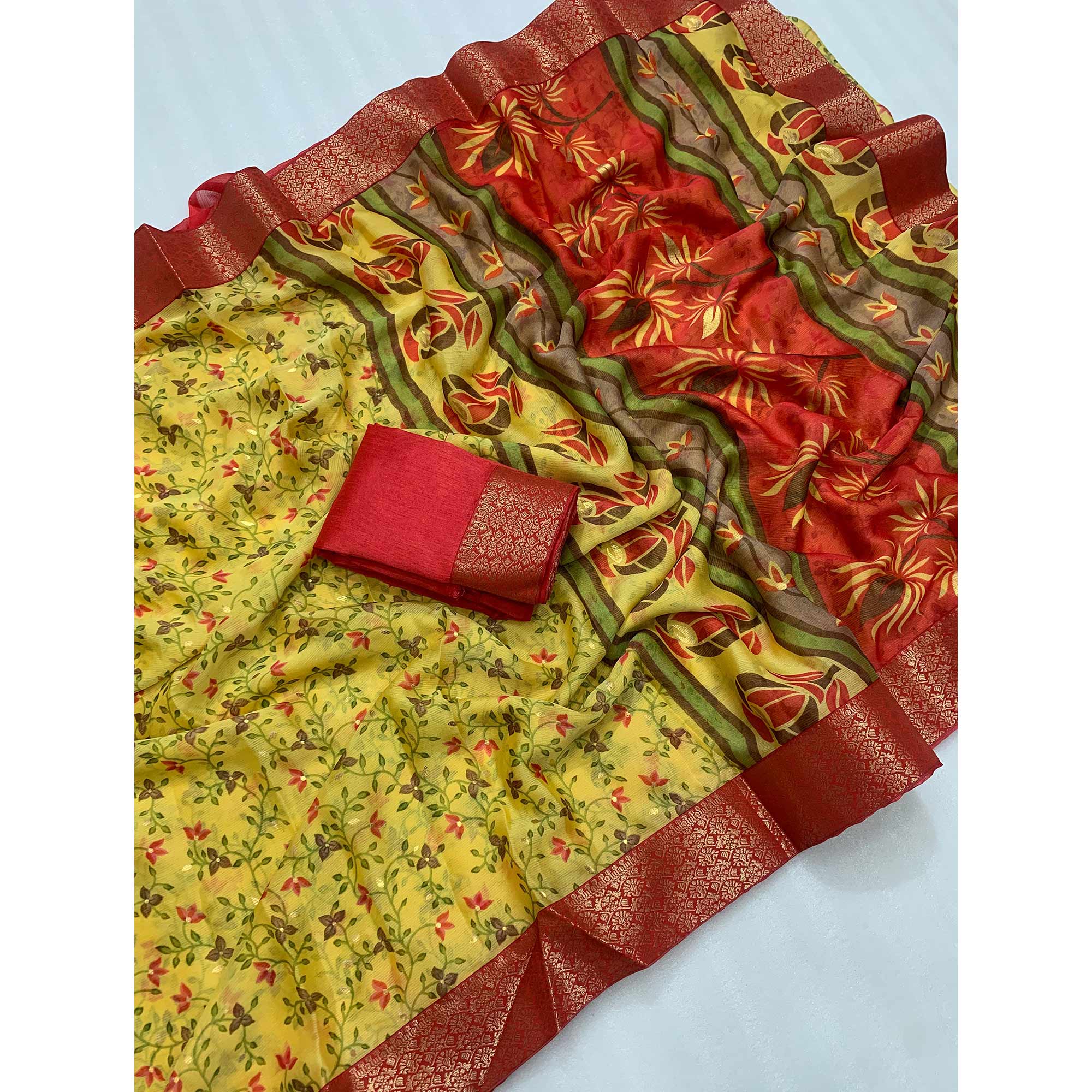 Yellow Floral Foil Printed Chiffon Saree