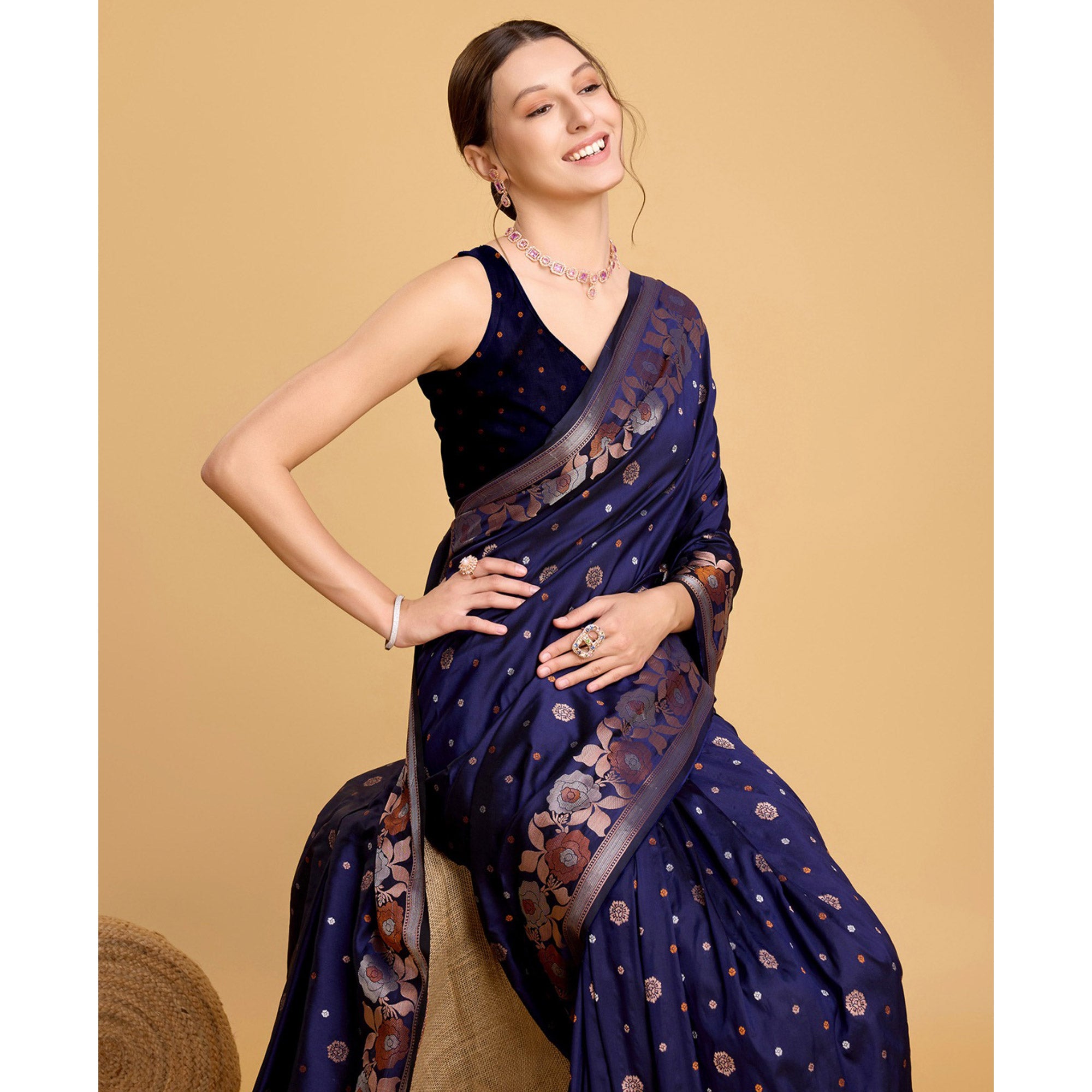 Blue Floral Woven Banarasi Silk Saree