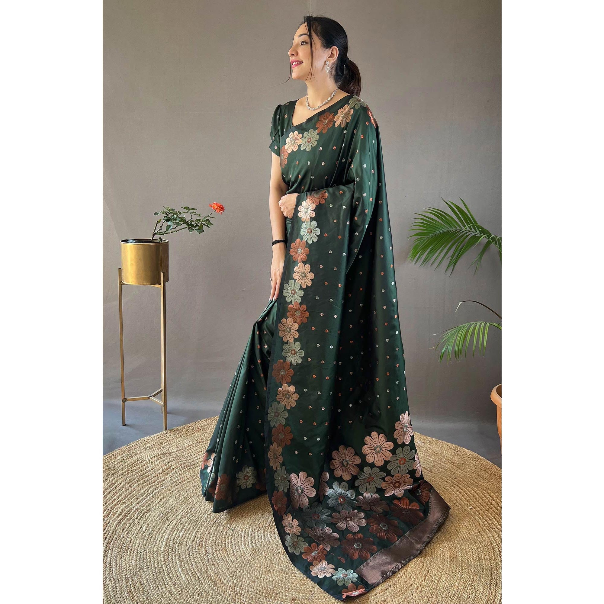 Green Floral Zari Woven Pure Silk Saree