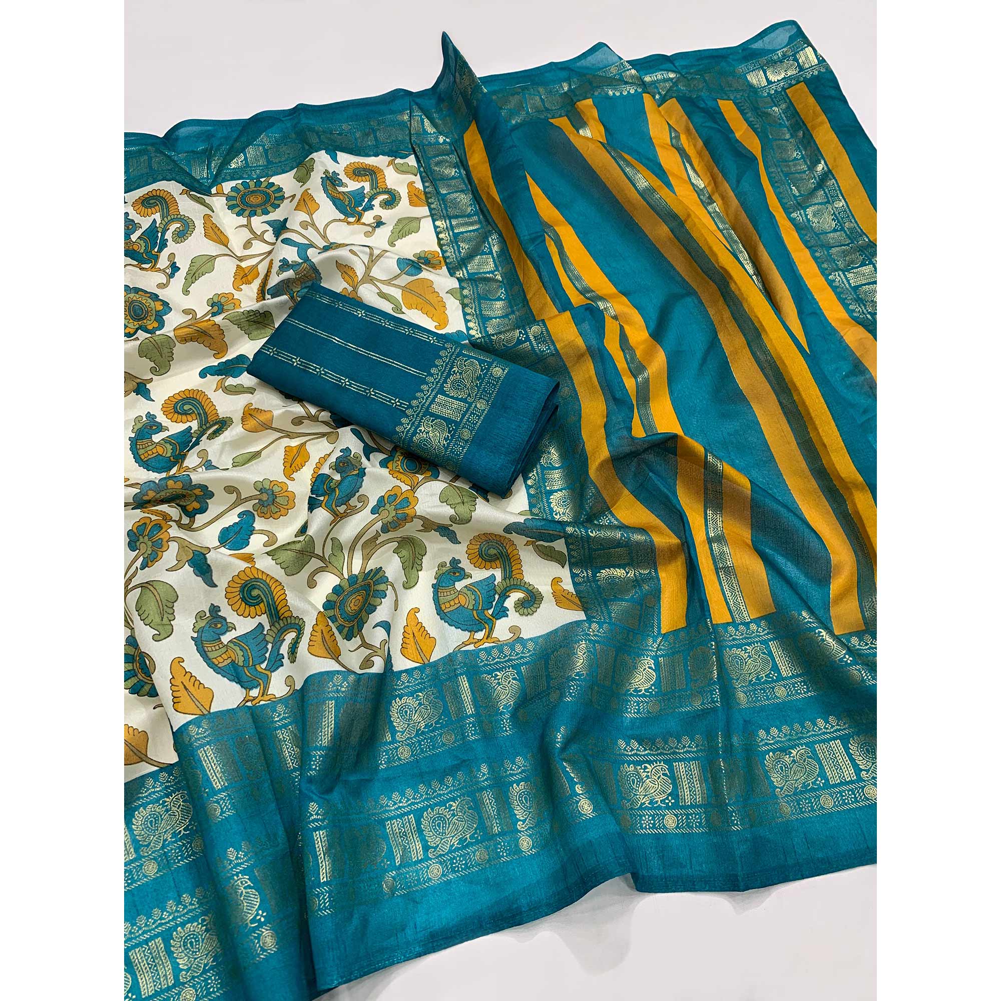 Rama Blue Floral Printed Dola Silk Saree