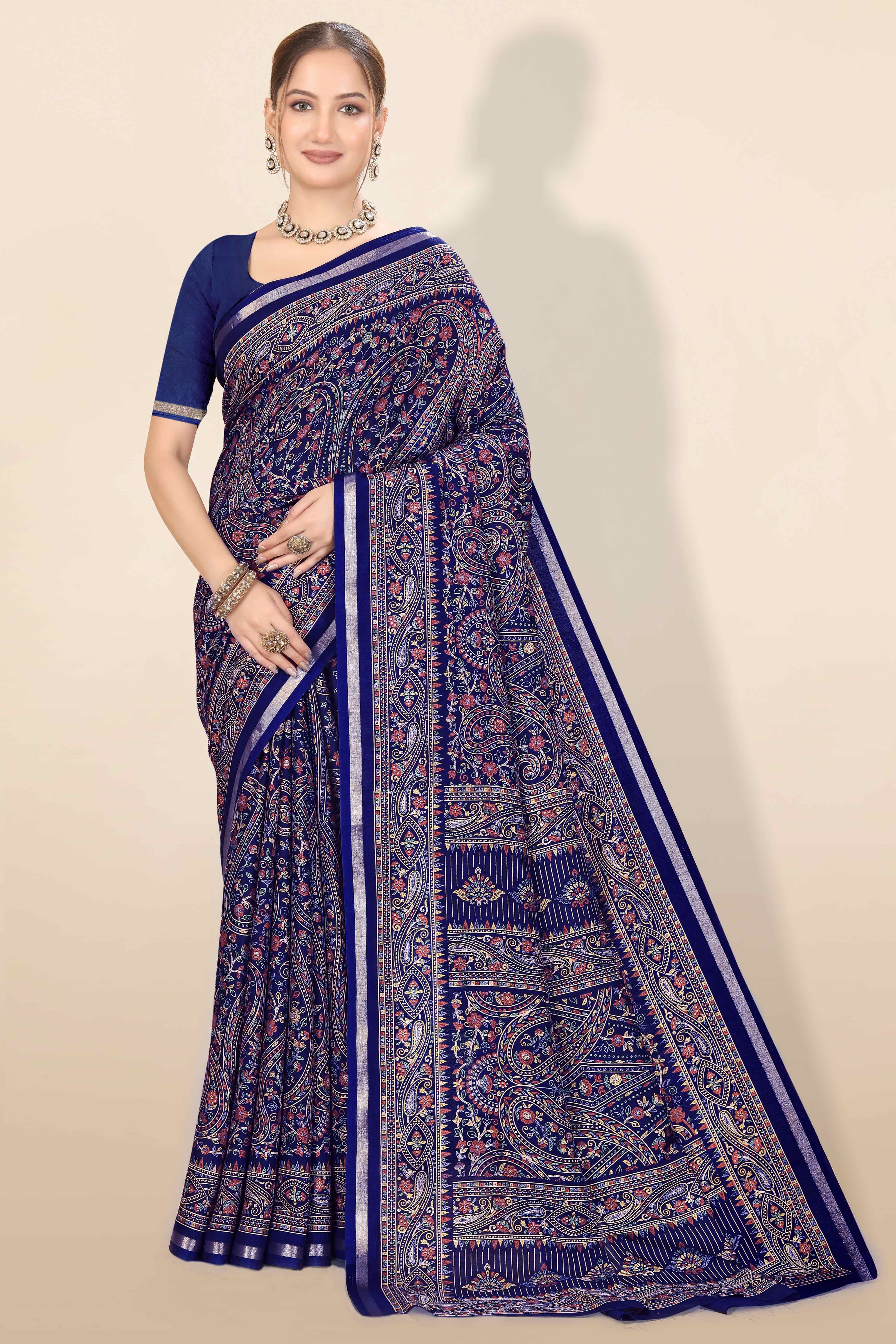Navy Blue Floral Printed Dola Kashmiri Dola Silk Saree Highlighted With Rich Golden Zari Border