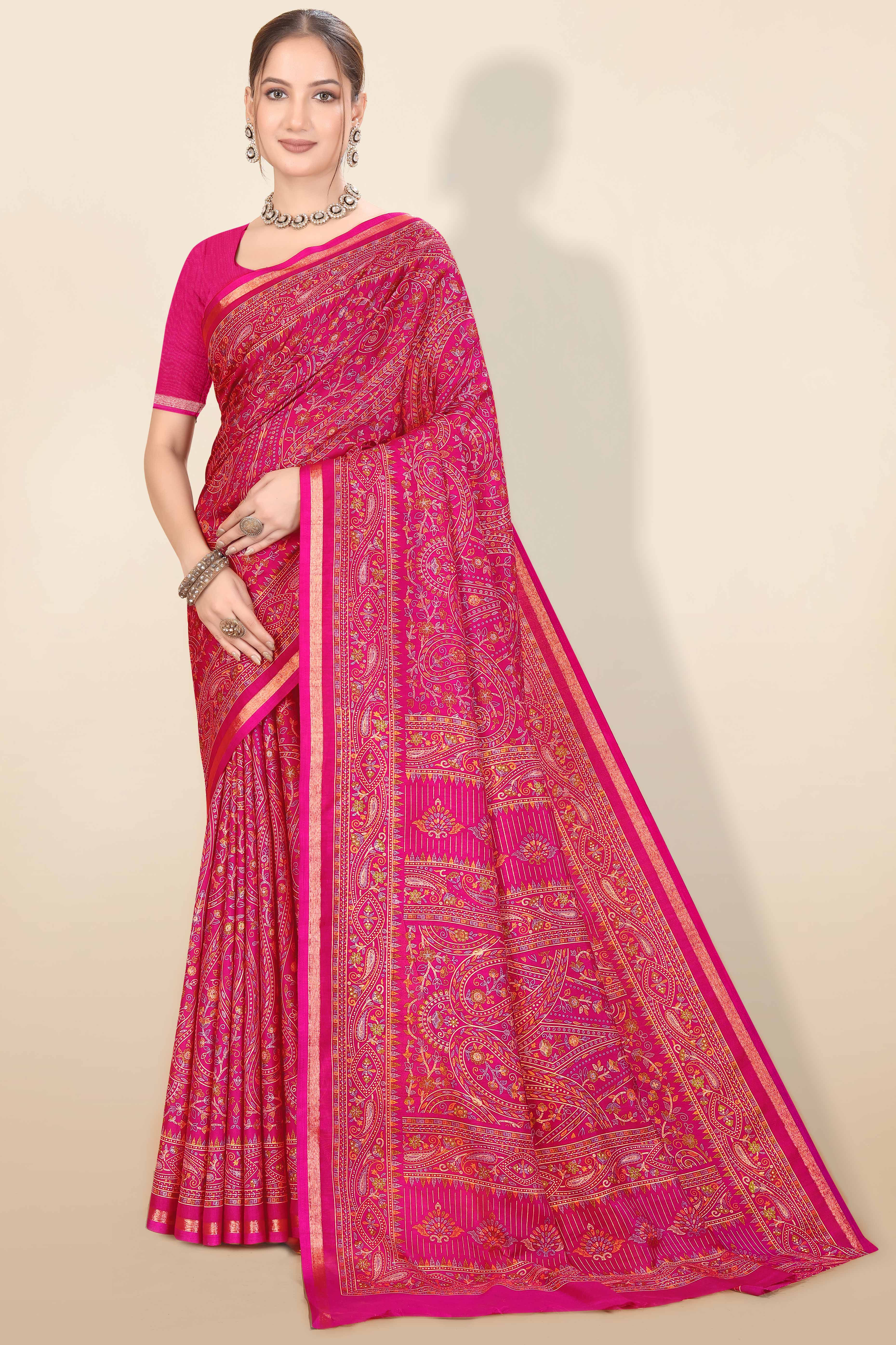 Pink Floral Printed Dola Kashmiri Dola Silk Saree Highlighted With Rich Golden Zari Border