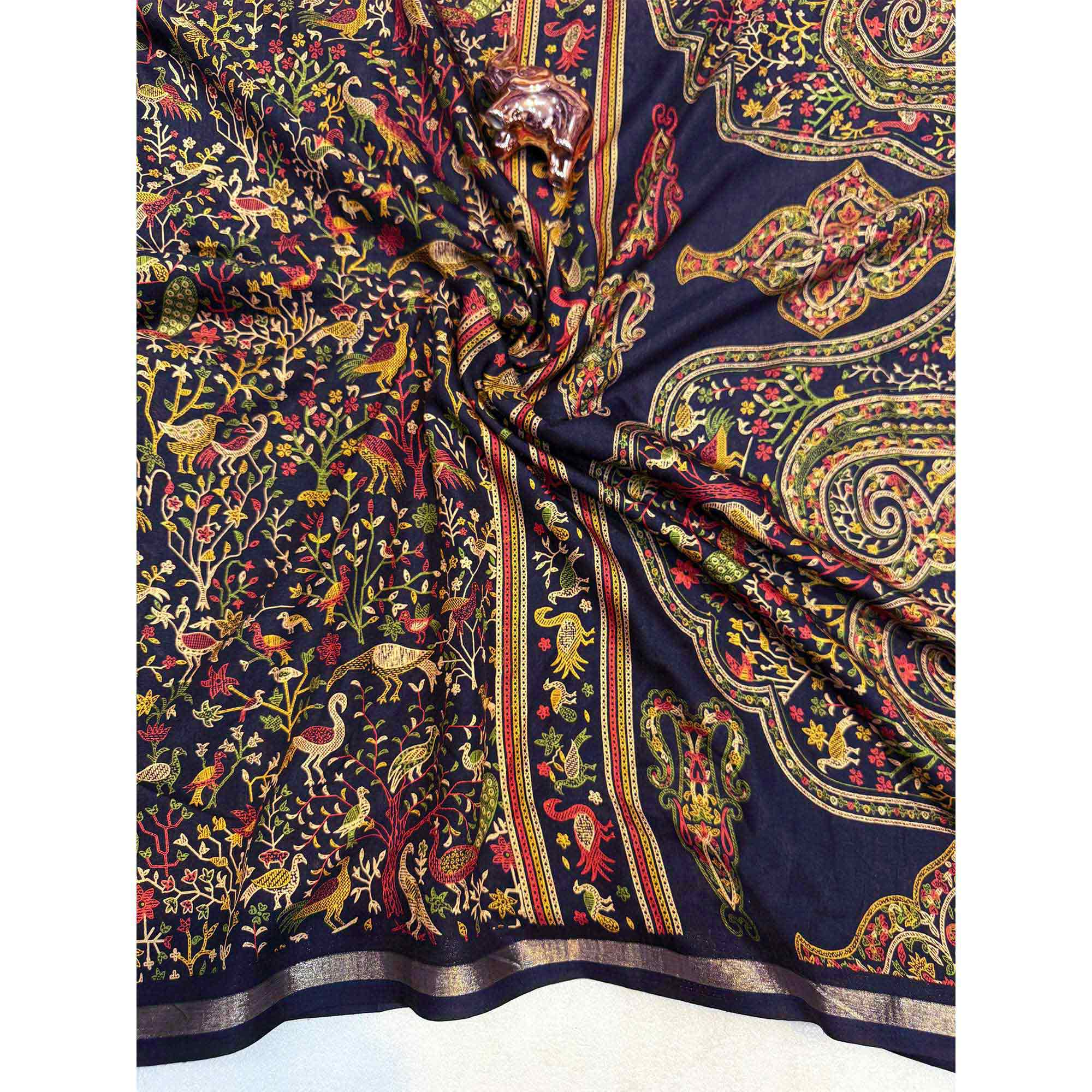 Black Tussar Silk Blend Saree with Intricate Floral & Bird Kashmiri Print & Elegant Zari Border