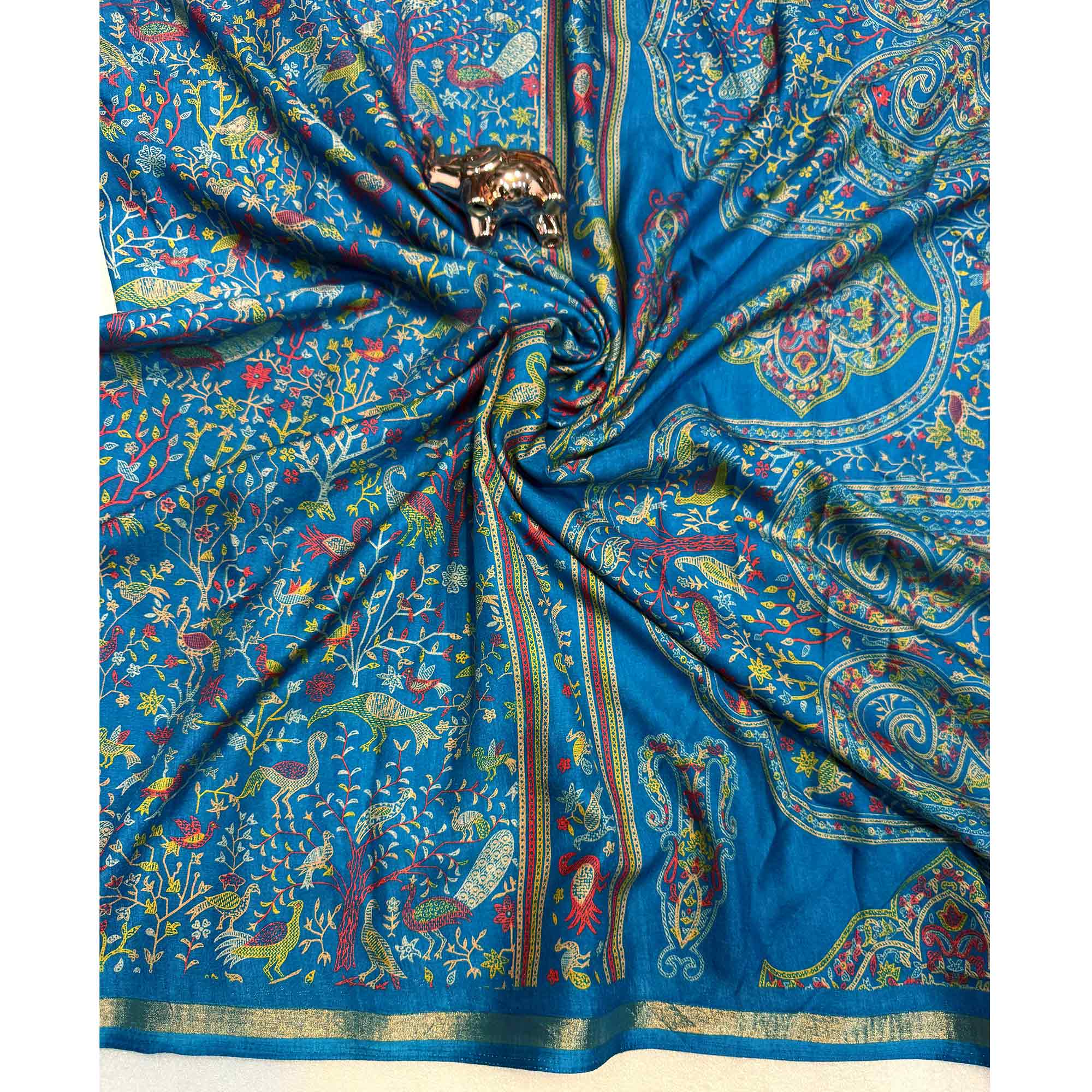 Blue Tussar Silk Blend Saree with Intricate Floral & Bird Kashmiri Print & Elegant Zari Border