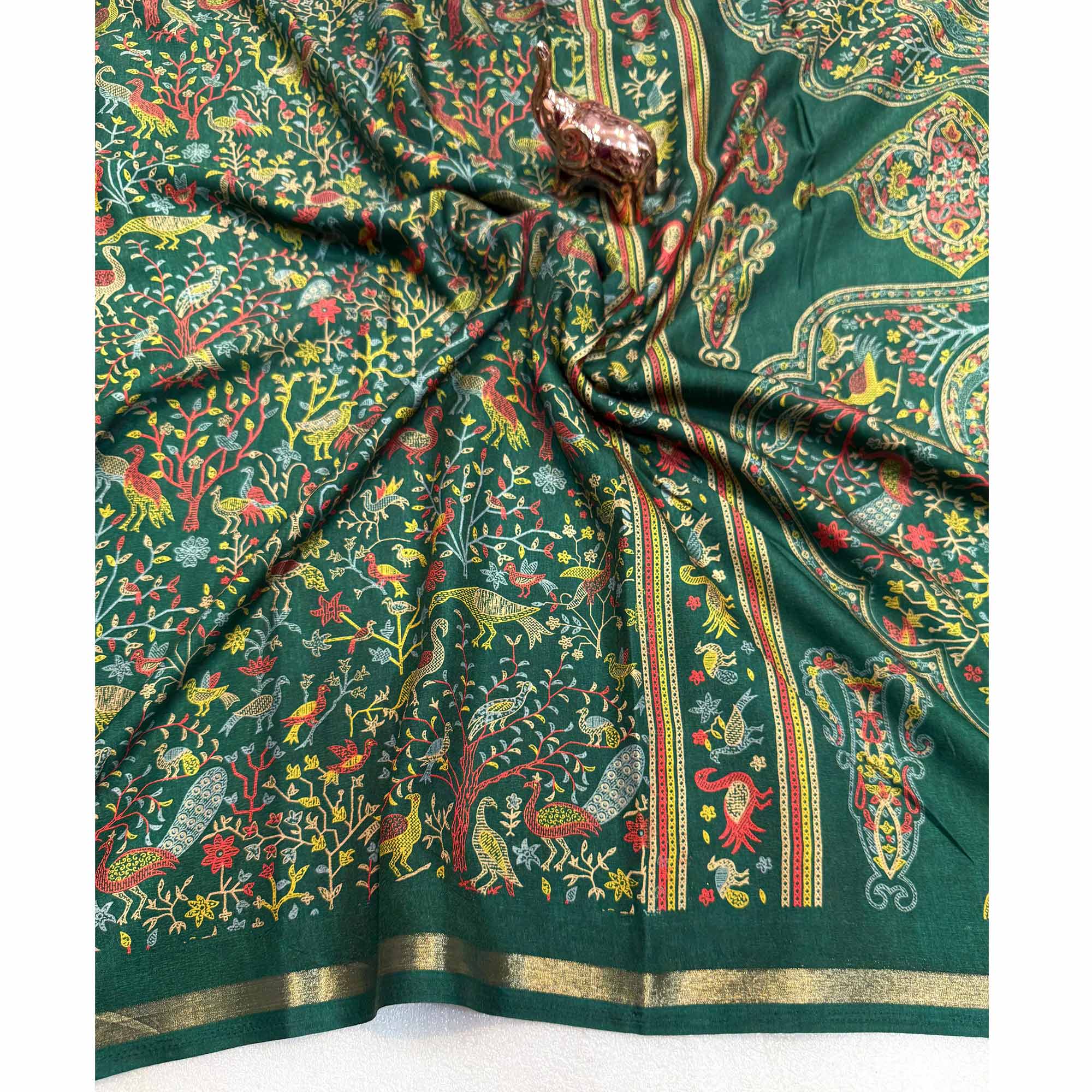 Green Tussar Silk Blend Saree with Intricate Floral & Bird Kashmiri Print & Elegant Zari Border