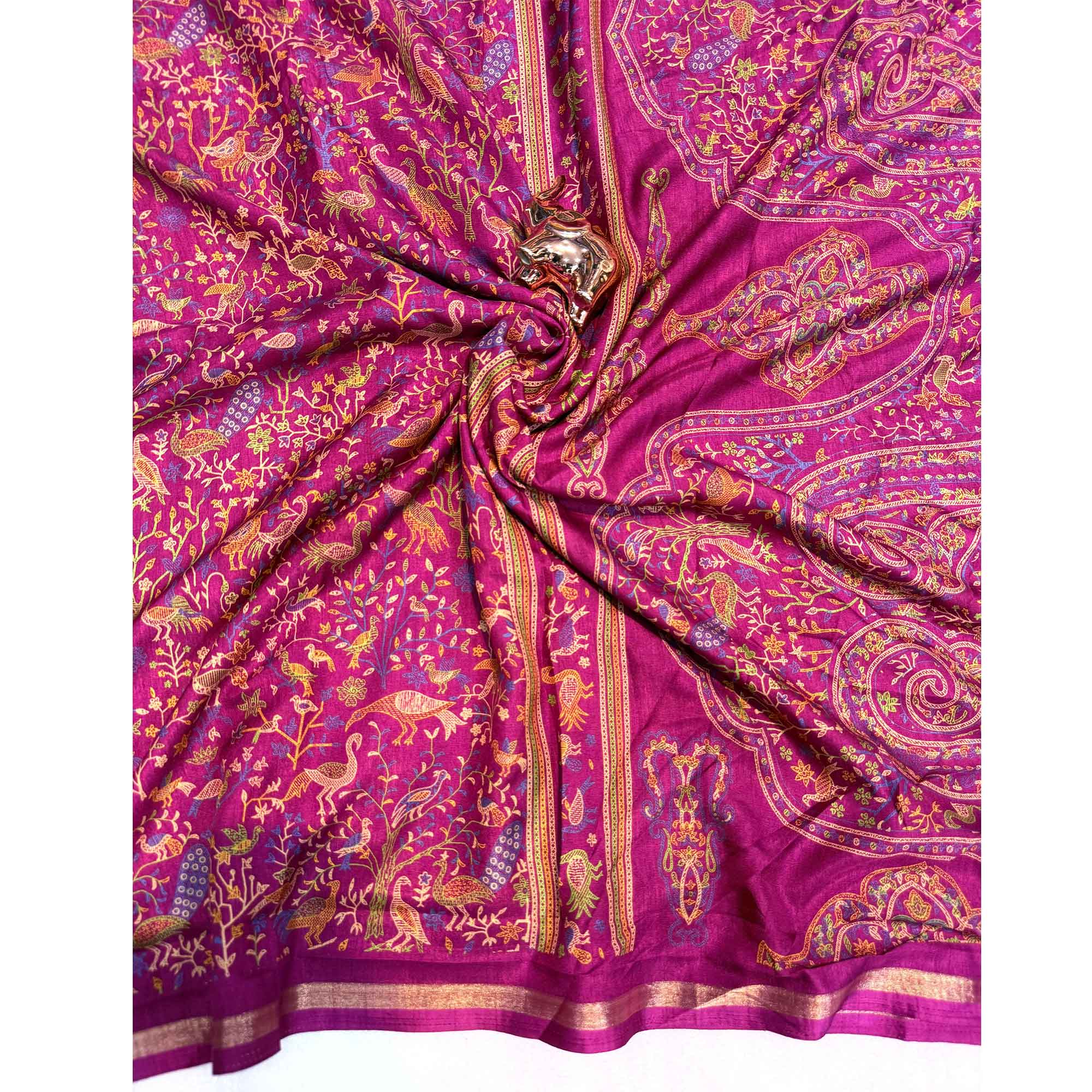 Dark Magenta Tussar Silk Blend Saree with Intricate Floral & Bird Kashmiri Print & Zari Border