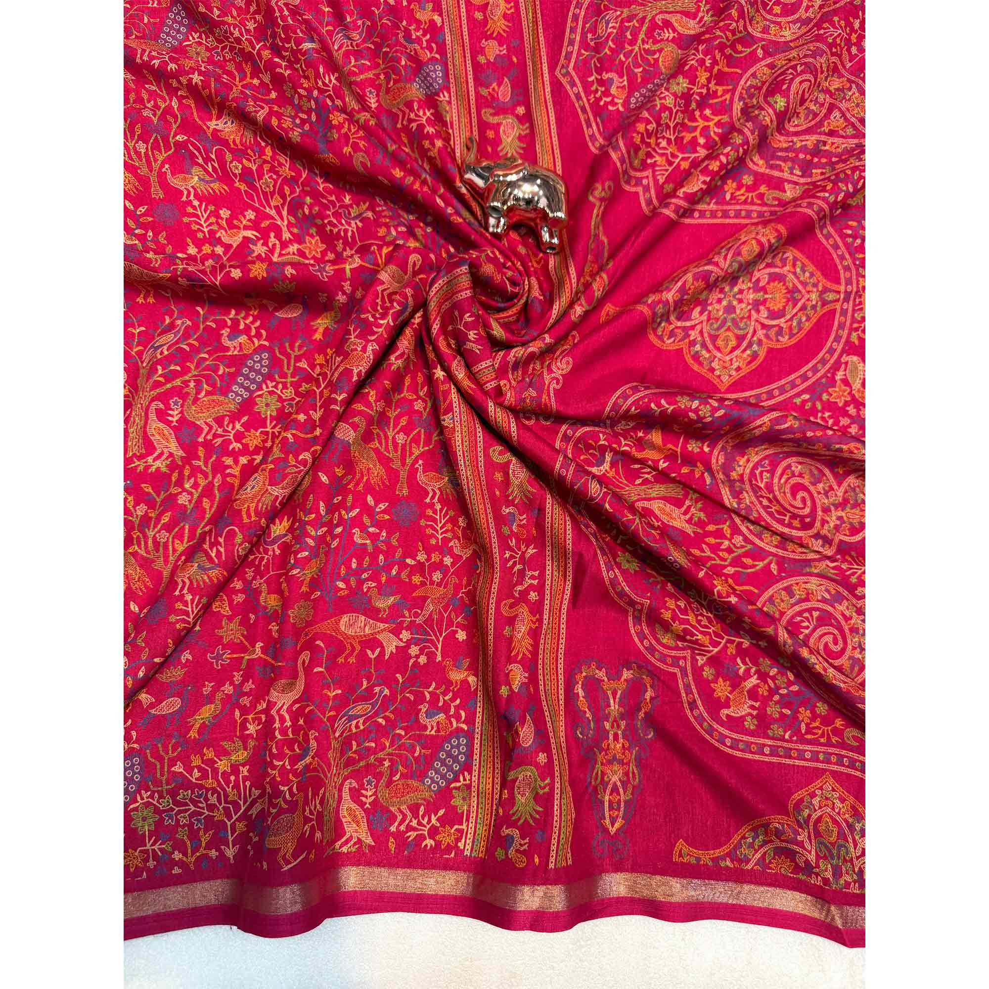 Pink Tussar Silk Blend Saree with Intricate Floral & Bird Kashmiri Print & Elegant Zari Border