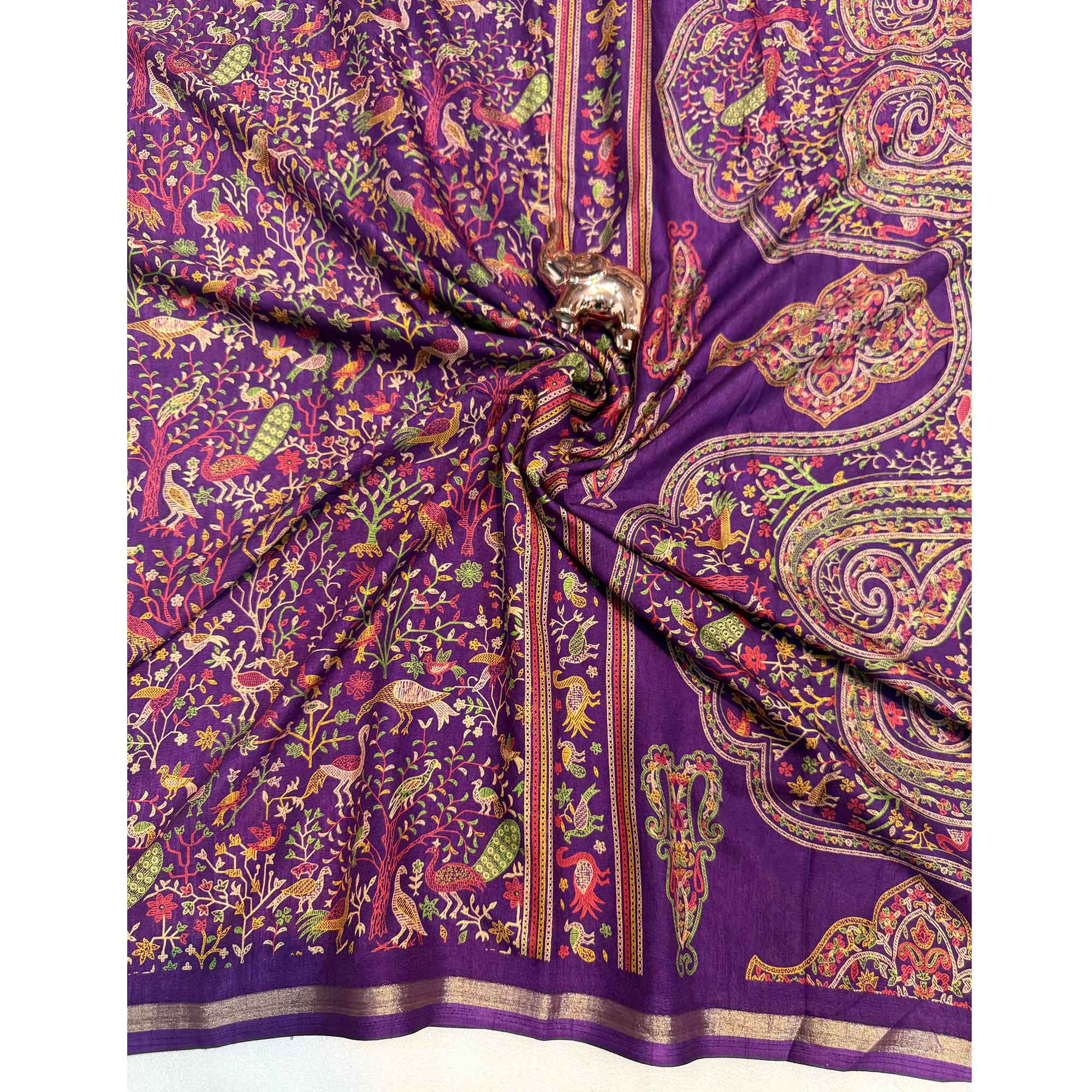 Purple Tussar Silk Blend Saree with Intricate Floral & Bird Kashmiri Print & Elegant Zari Border