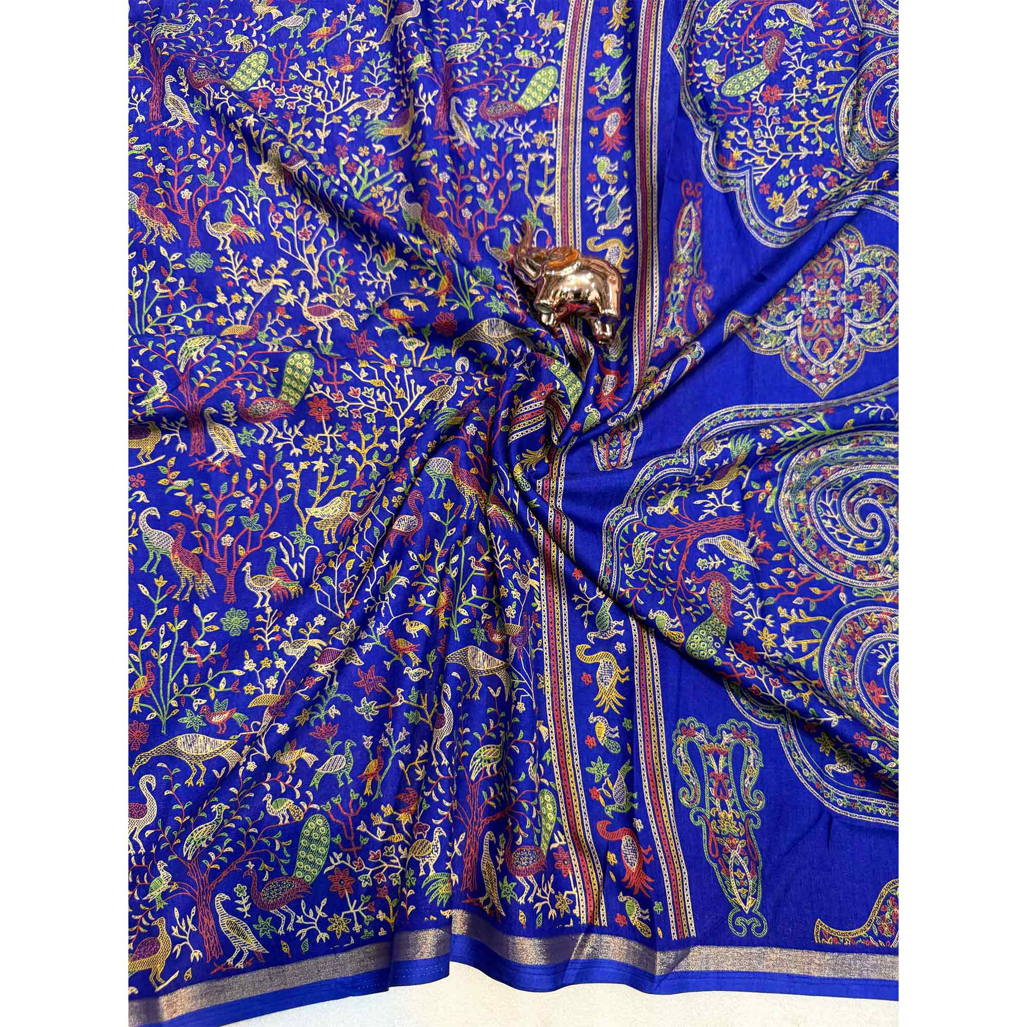Royal Blue Tussar Silk Blend Saree with Intricate Floral & Bird Kashmiri Print & Zari Border