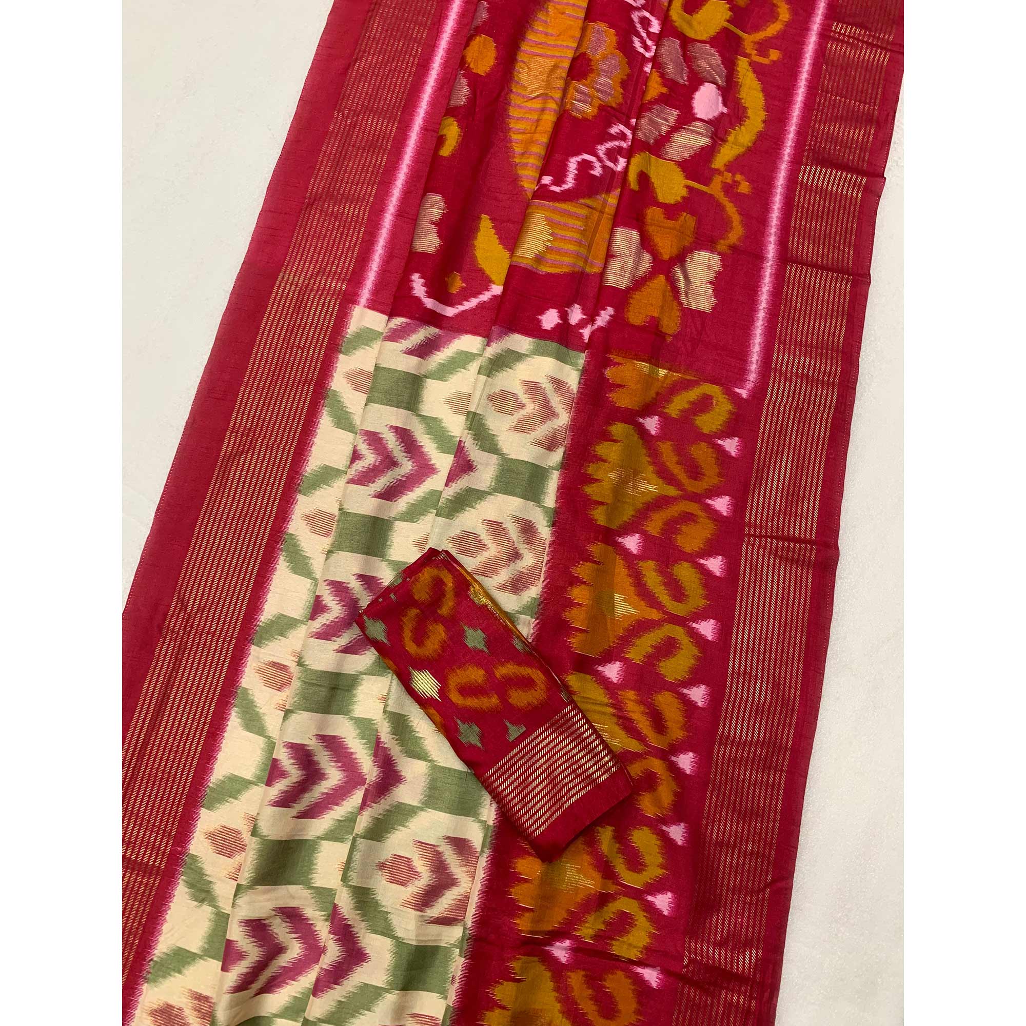 Off White & Pink Patola Printed Viscose Saree With Zari Border