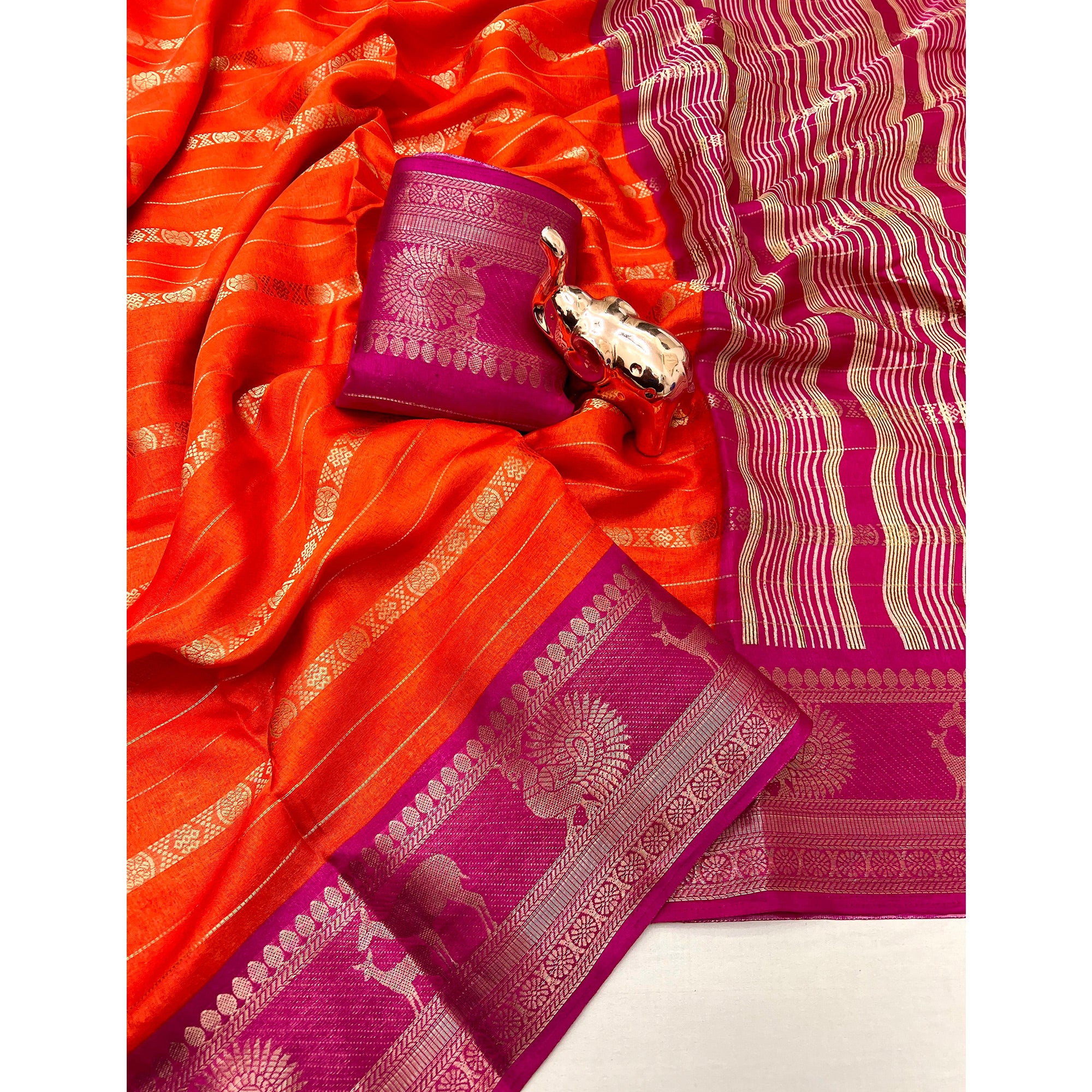 Orange Floral Weaving Mysore Silk Saree With Peacock Print Pallu & Two-Tone Padding Border Work