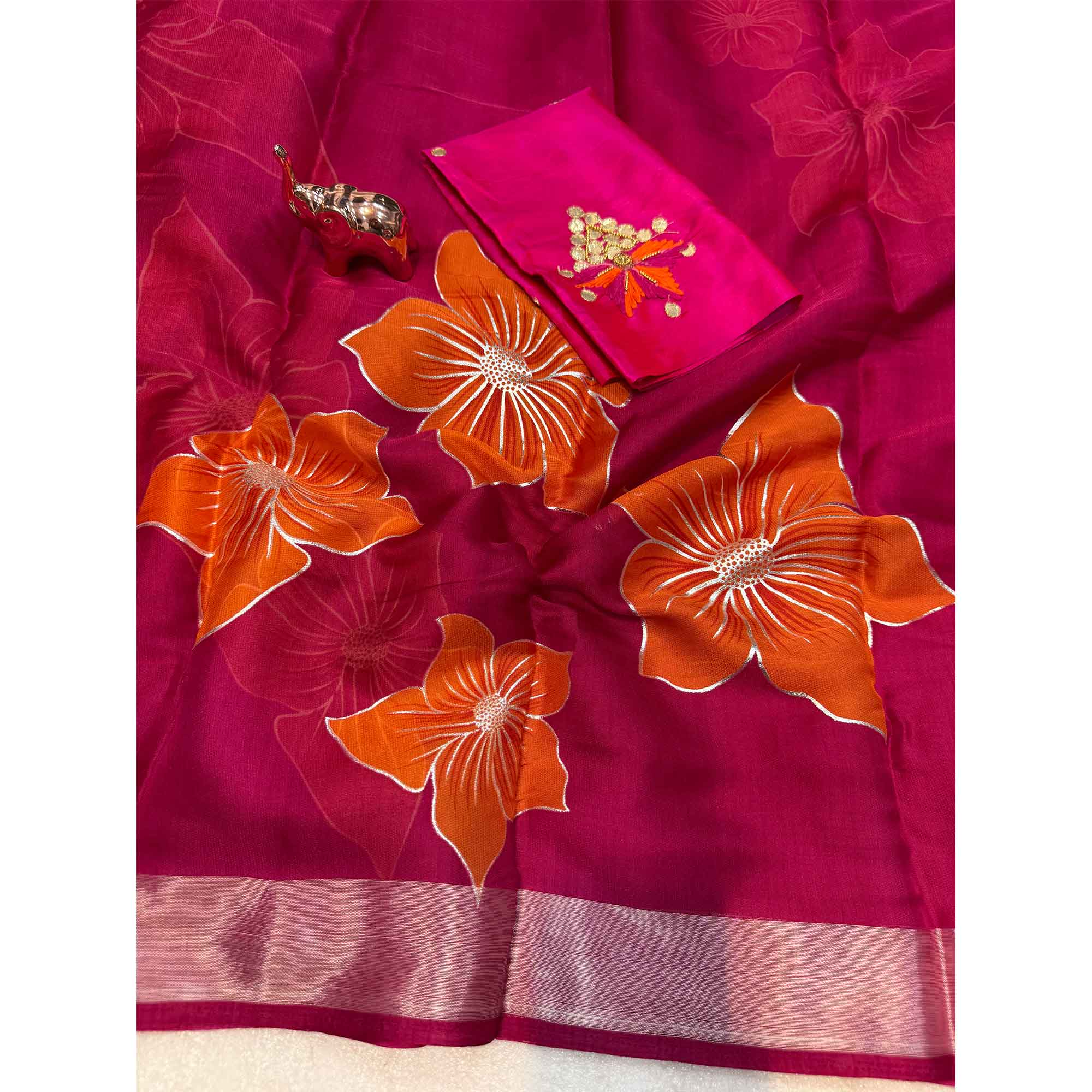 Vibrant Rani Pink & Orange Floral Foil Printed Organza Saree With Designer Unstitched Blouse