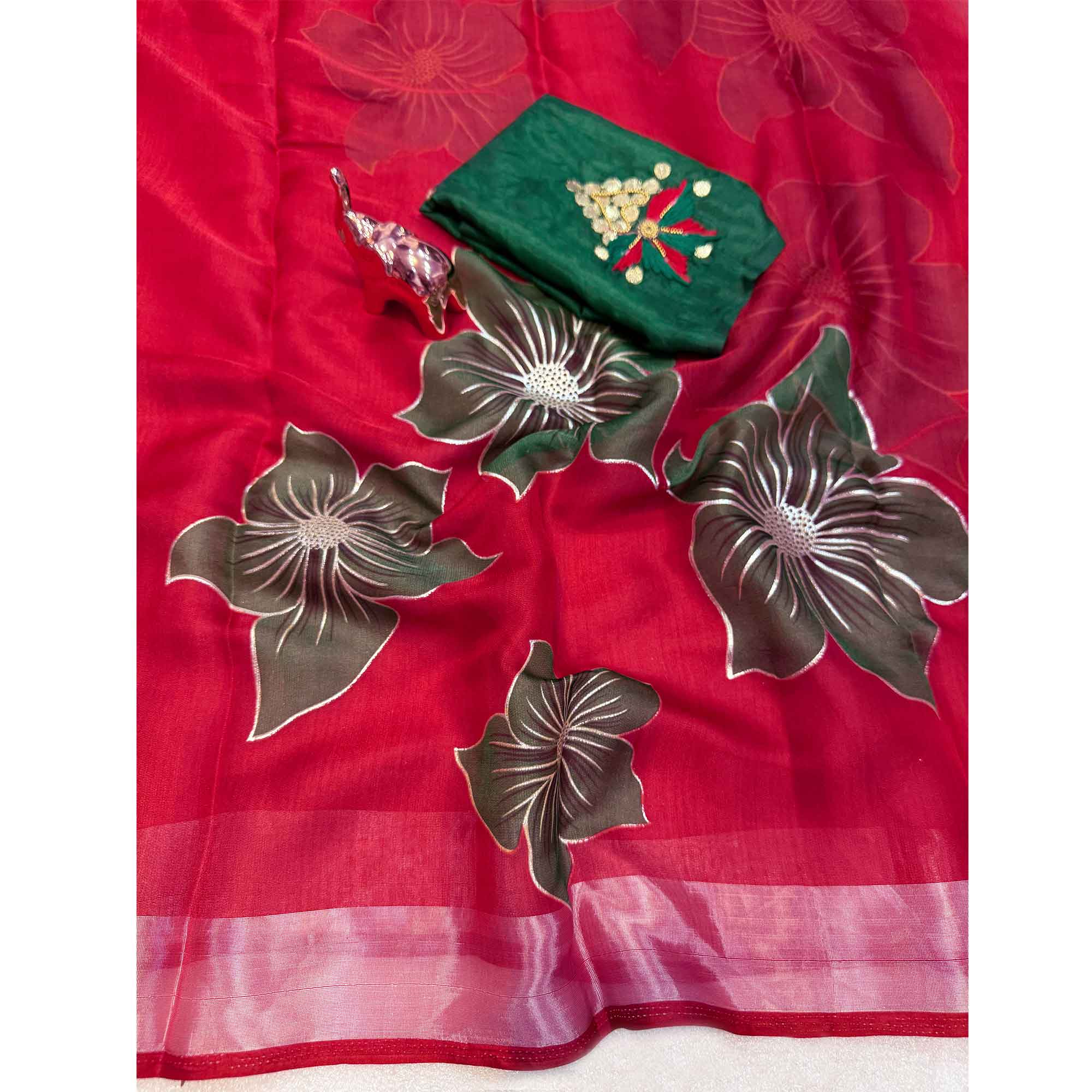 Vibrant Red & Green Floral Foil Printed Organza Saree With Designer Unstitched Blouse