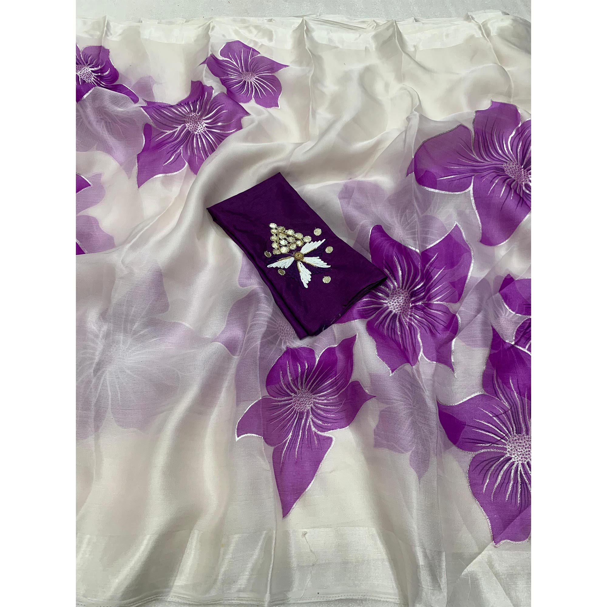 White and Purple Organza Saree with Intricate Floral Foil Print