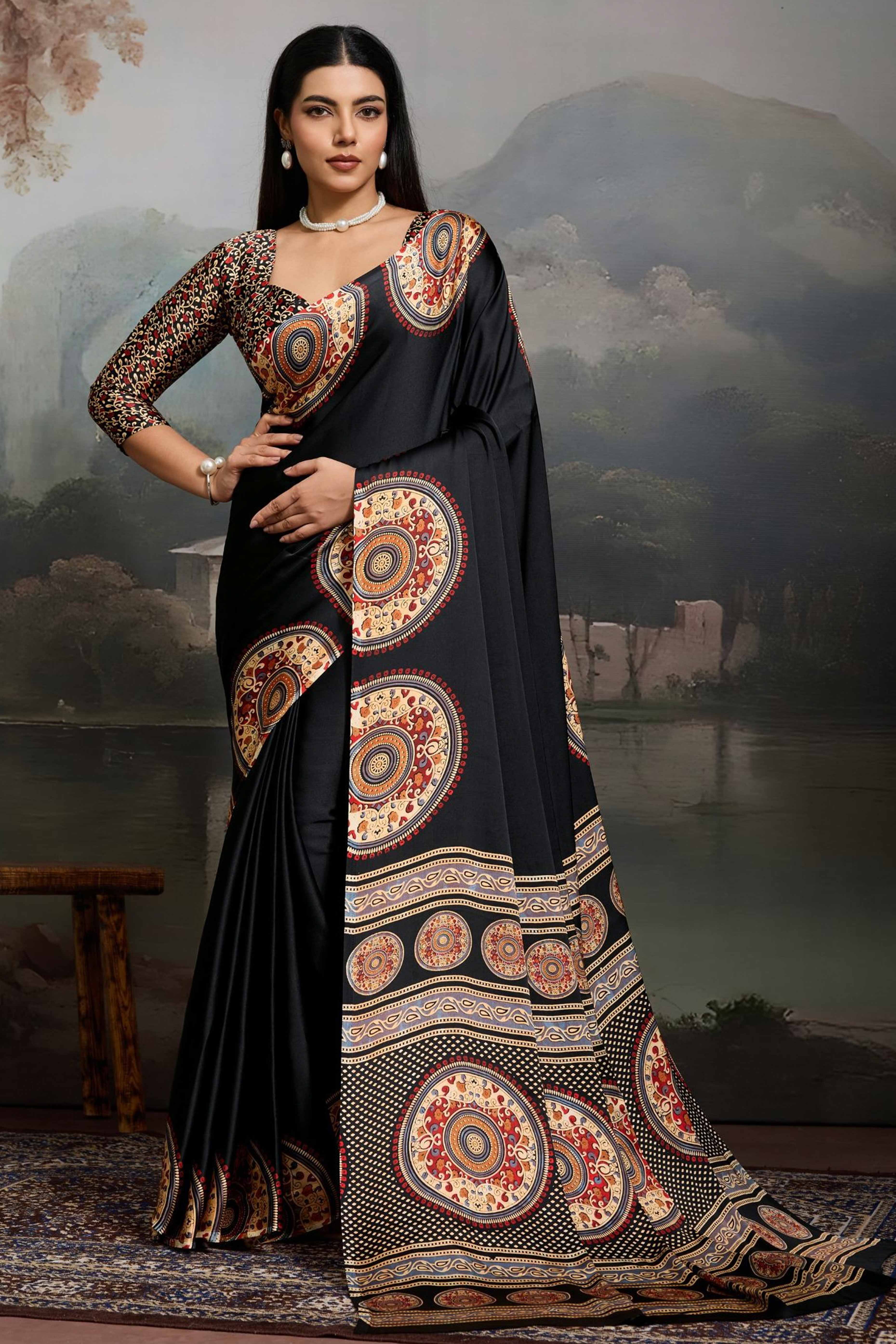 Elegant Black Satin Saree with Ajrakh Inspired Floral Prints